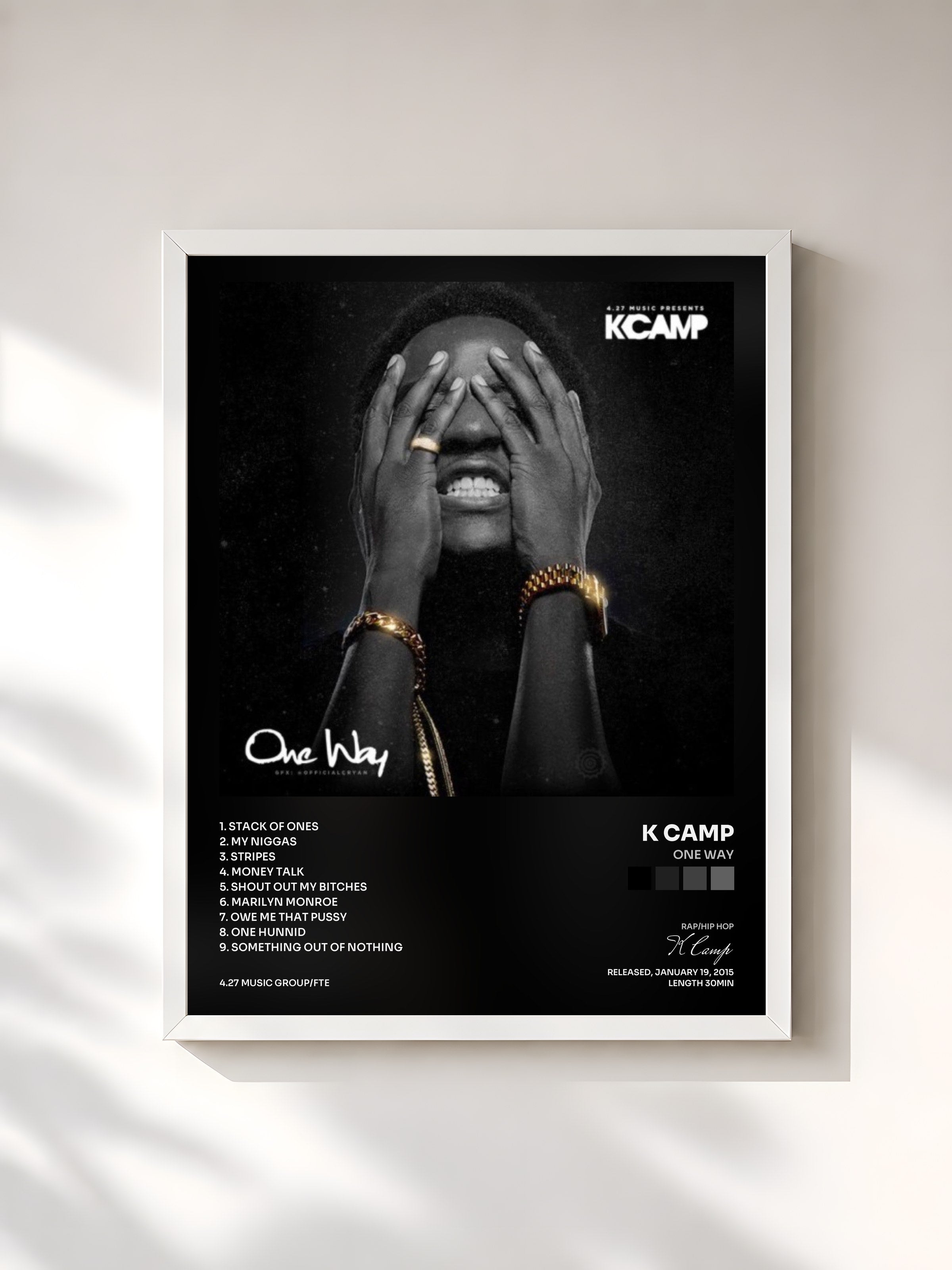 #blanc Tableau de l'album One Way de K Camp, cadre blanc, imprimé et encadré en France