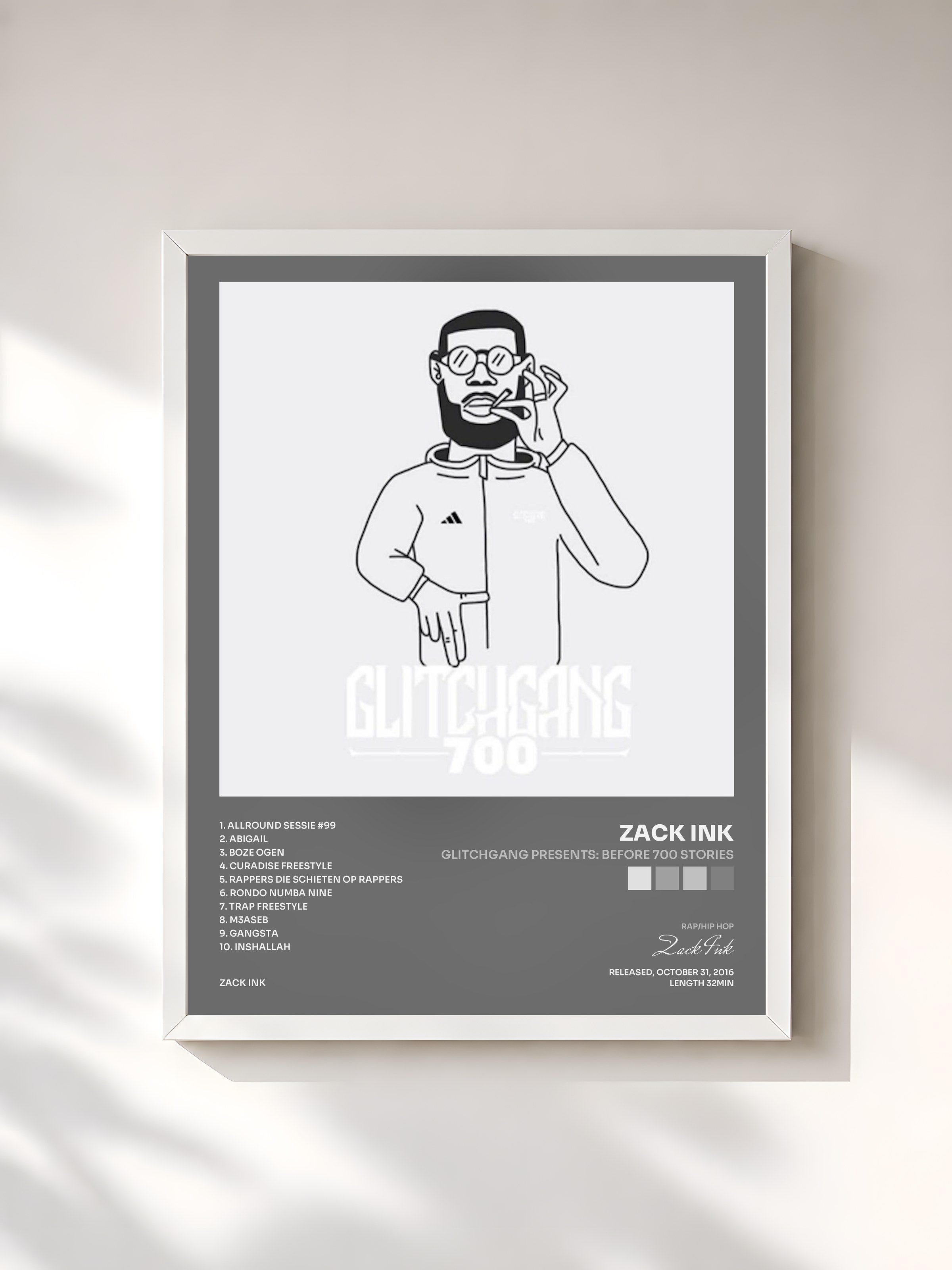 #blanc Tableau de l'album GlitchGang Presents: Before 700 Stories de Zack Ink, cadre blanc, imprimé et encadré en France