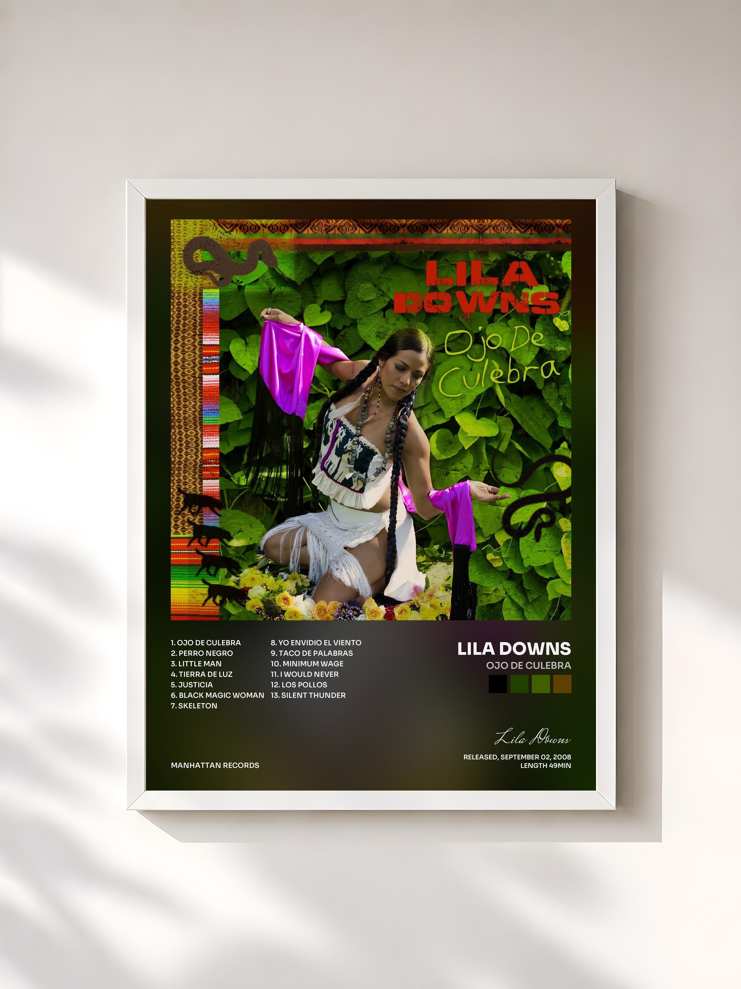 #blanc Tableau de l'album Ojo De Culebra de Lila Downs, cadre blanc, imprimé et encadré en France