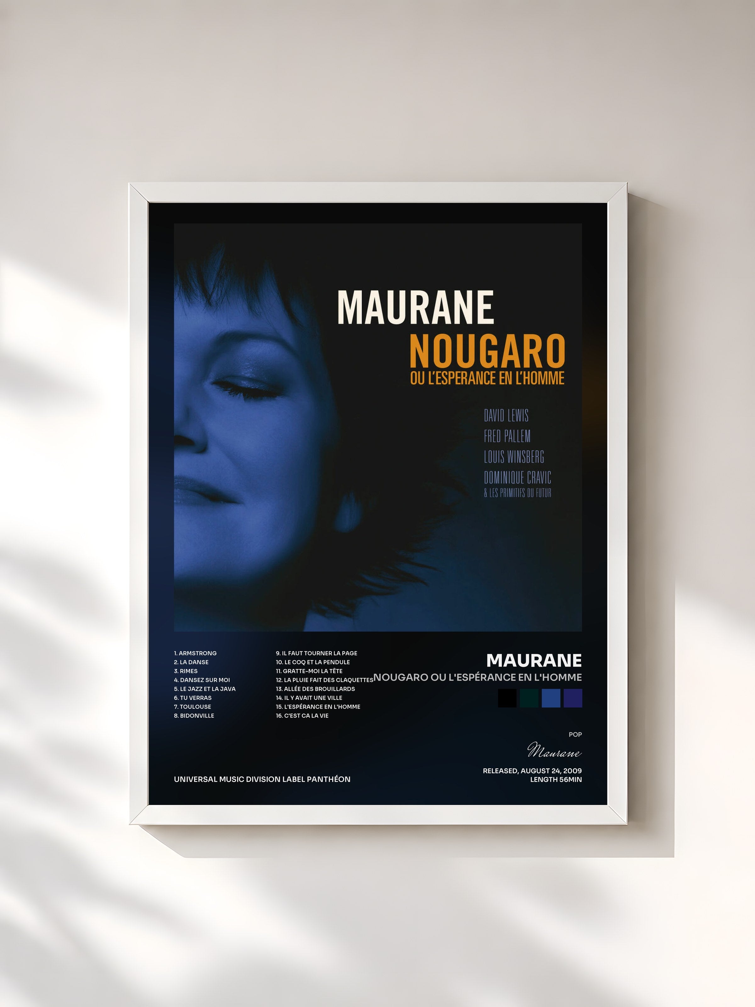 #blanc Tableau de l'album Nougaro Ou L'Espérance En L'Homme de Maurane, cadre blanc, imprimé et encadré en France