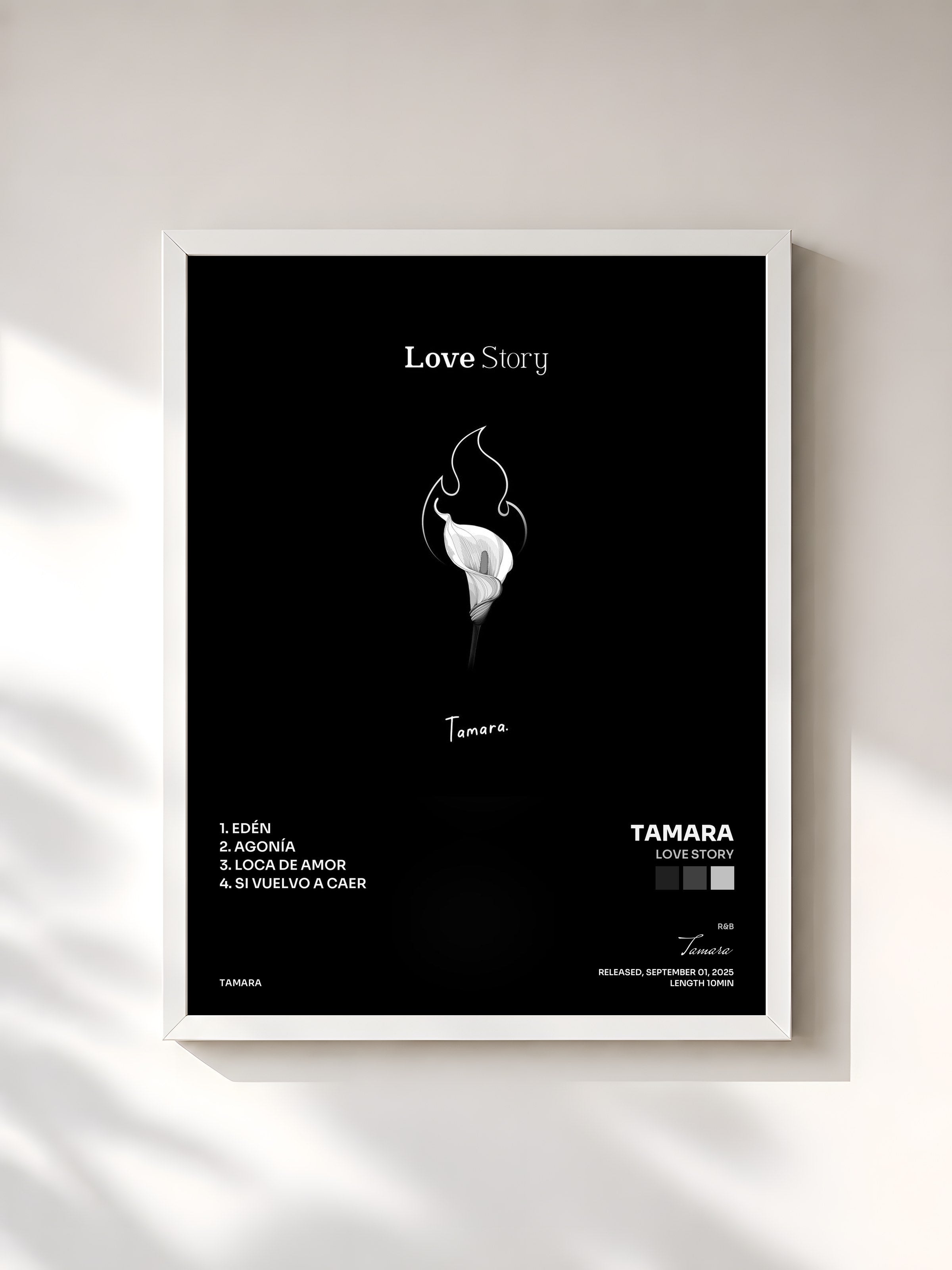#blanc Tableau de l'album Love Story de Tamara, cadre blanc, imprimé et encadré en France