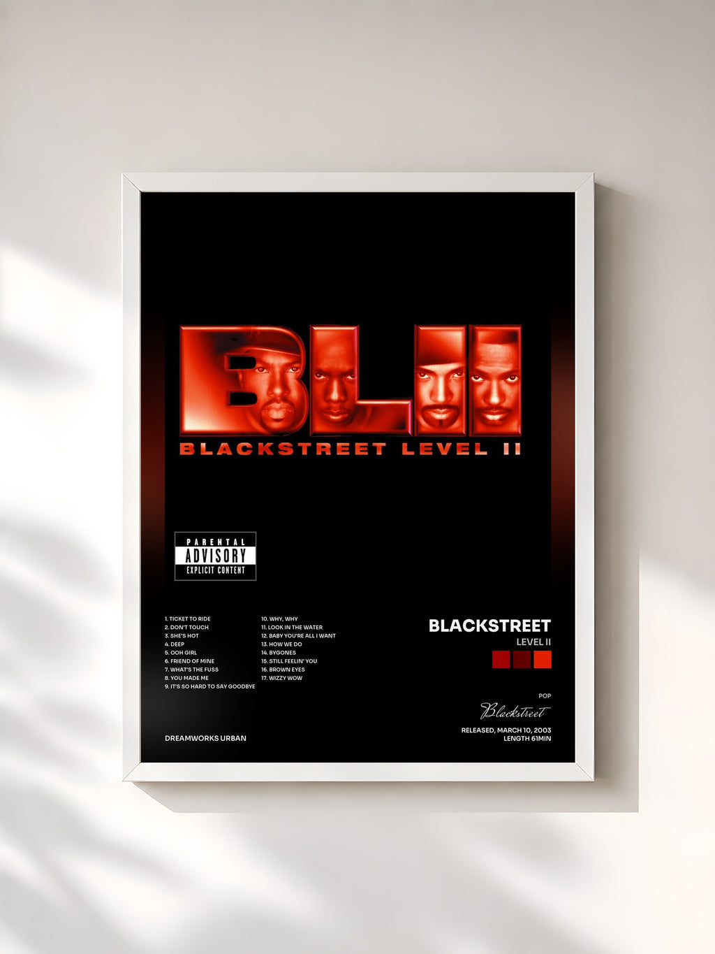 #blanc Tableau de l'album Level II de Blackstreet, cadre blanc, imprimé et encadré en France