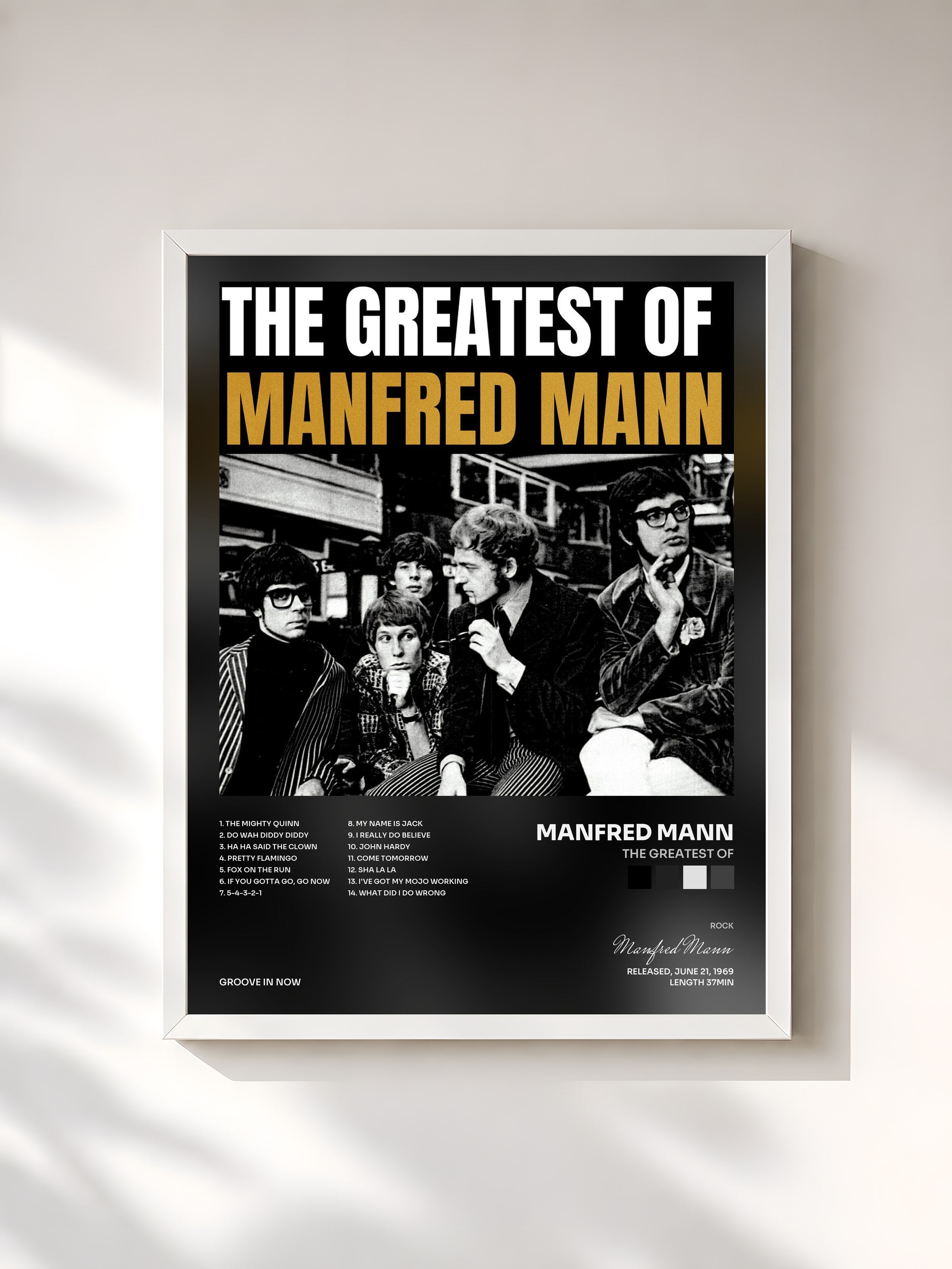 #blanc Tableau de l'album The Greatest Of de Manfred Mann, cadre blanc, imprimé et encadré en France