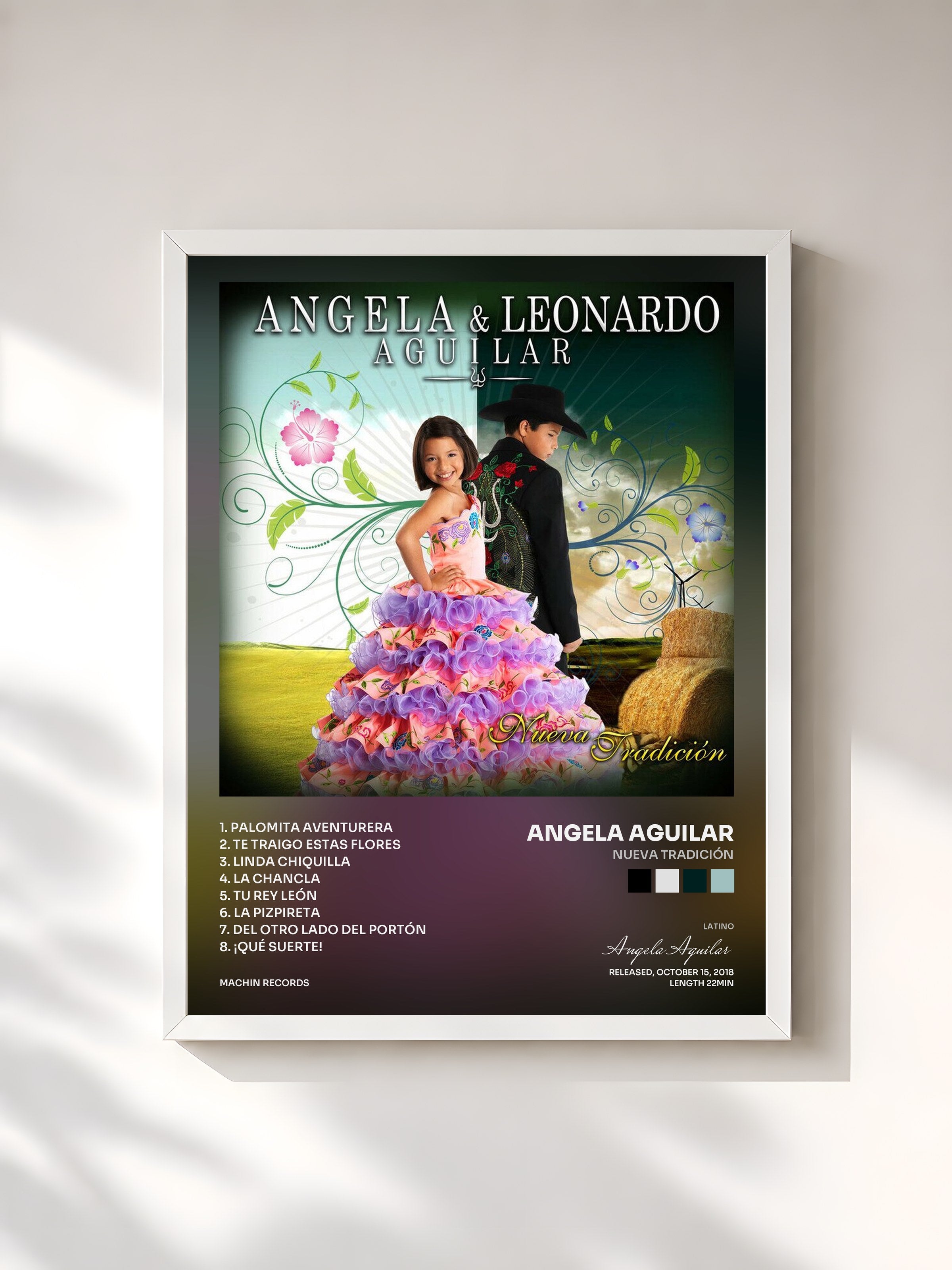 #blanc Tableau de l'album Nueva Tradición de Angela Aguilar, cadre blanc, imprimé et encadré en France
