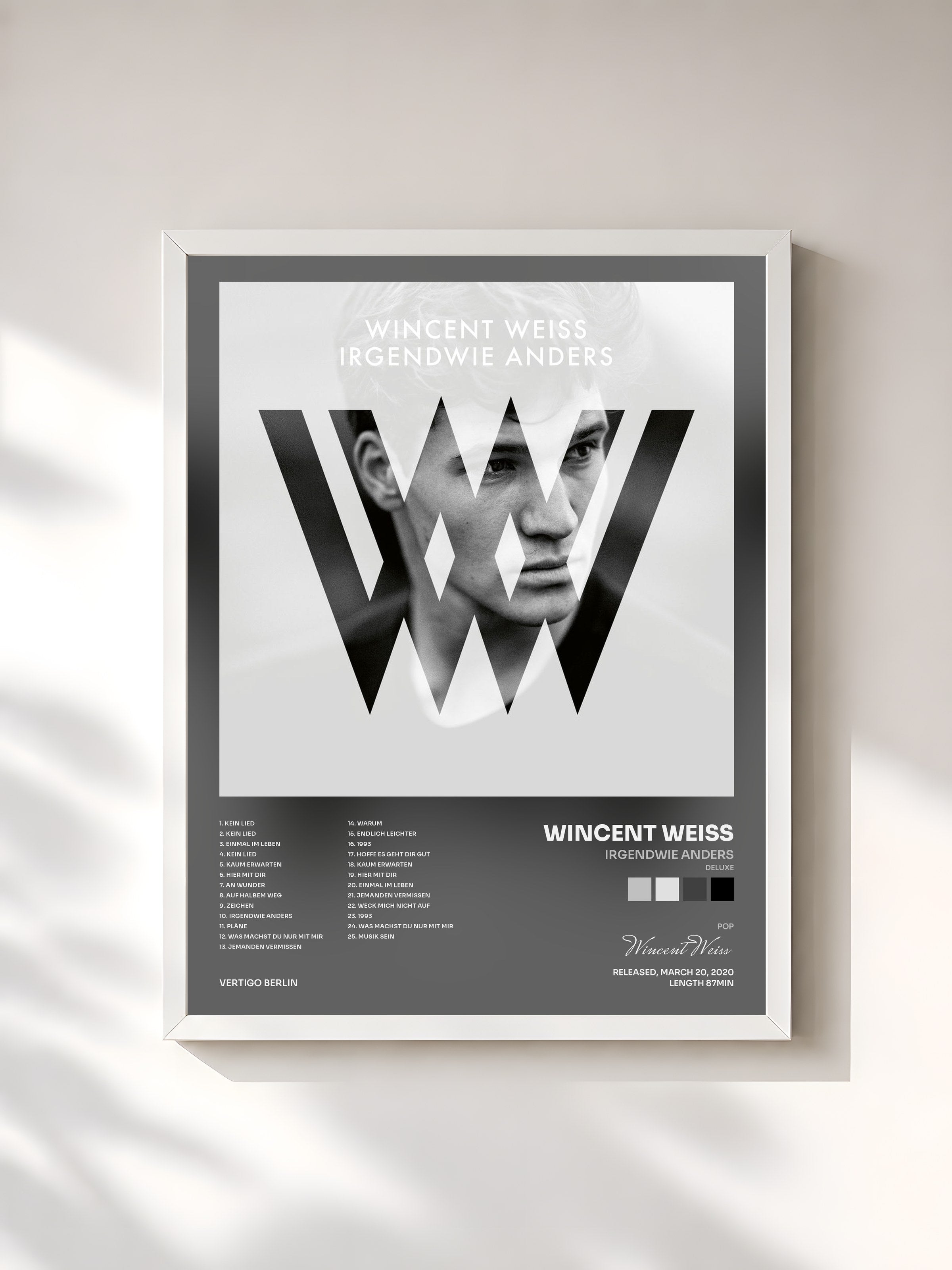 #blanc Tableau de l'album Irgendwie anders (Deluxe) de Wincent Weiss, cadre blanc, imprimé et encadré en France