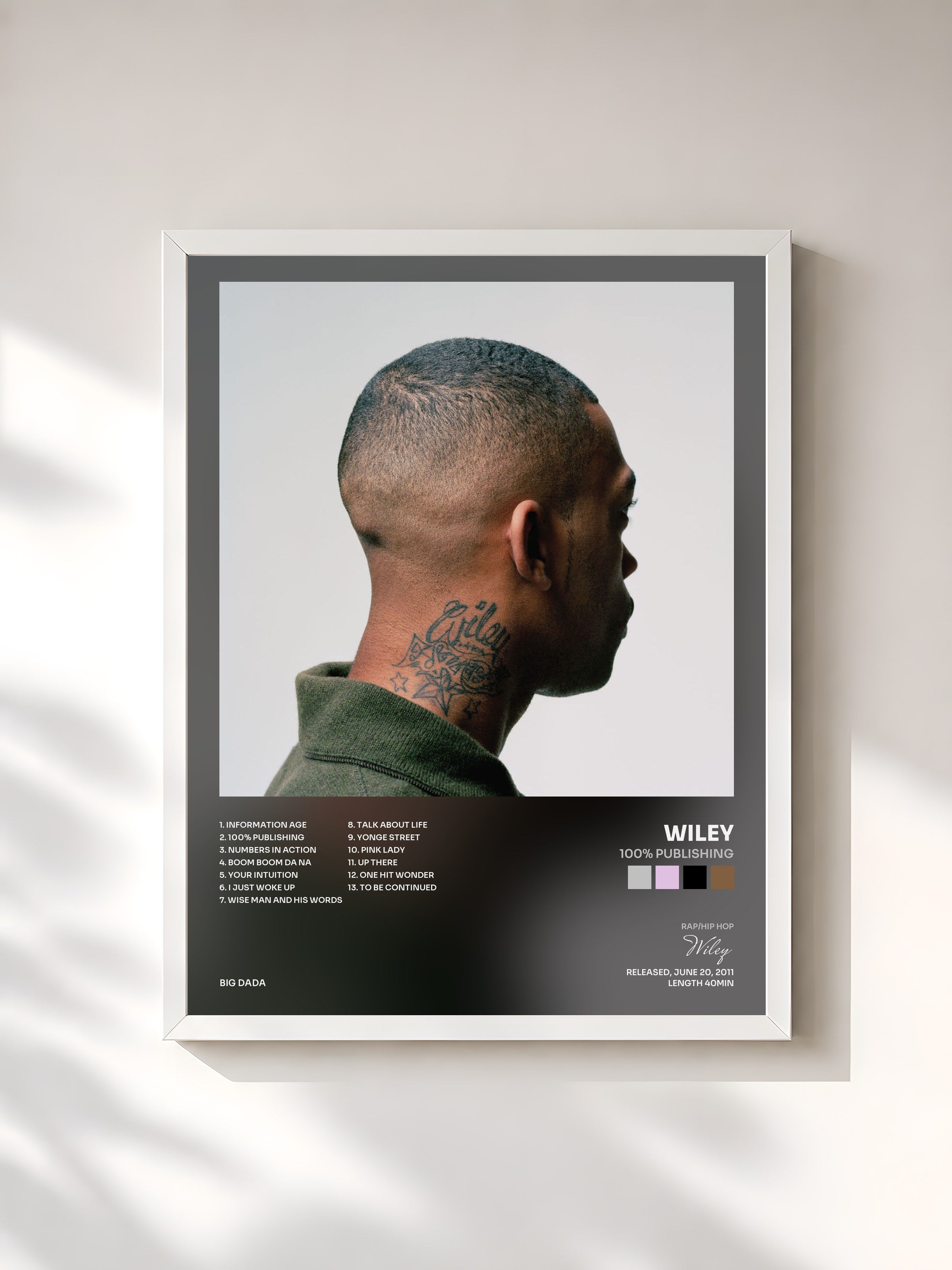#blanc Tableau de l'album 100% Publishing de Wiley, cadre blanc, imprimé et encadré en France