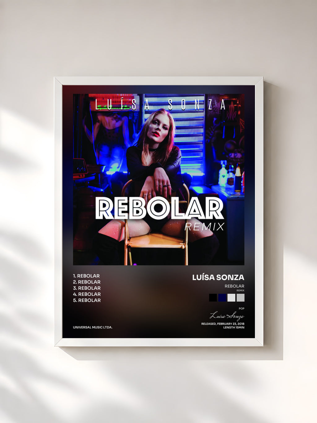 #blanc Tableau de l'album Rebolar (Remix) de Luísa Sonza, cadre blanc, imprimé et encadré en France