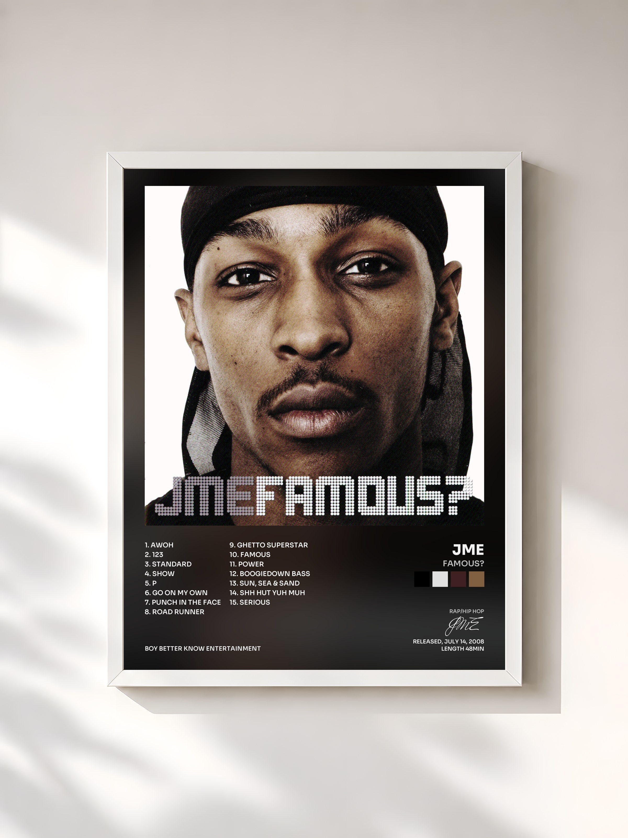 #blanc Tableau de l'album Famous? de JME, cadre blanc, imprimé et encadré en France
