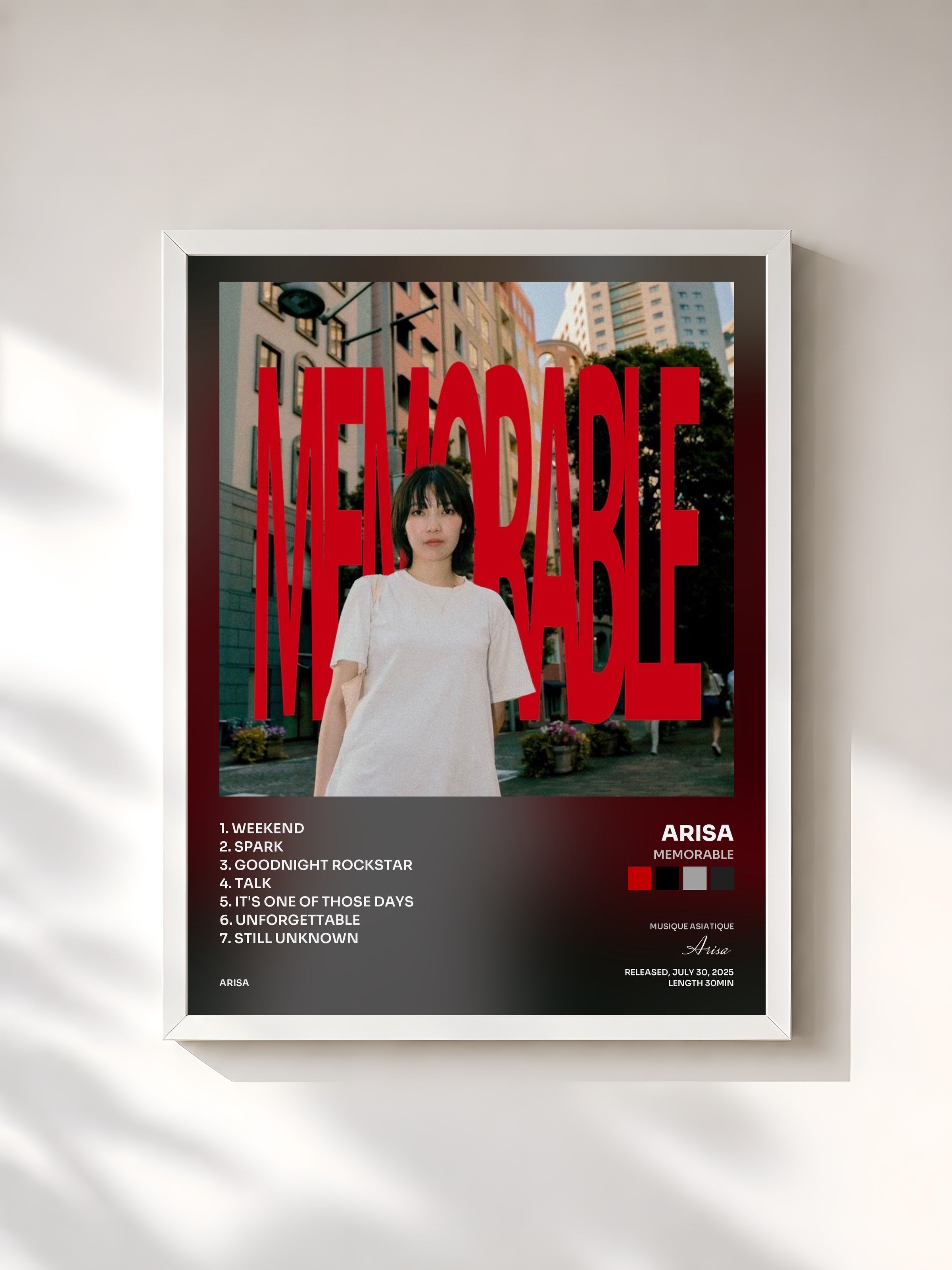 #blanc Tableau de l'album MEMORABLE de Arisa, cadre blanc, imprimé et encadré en France