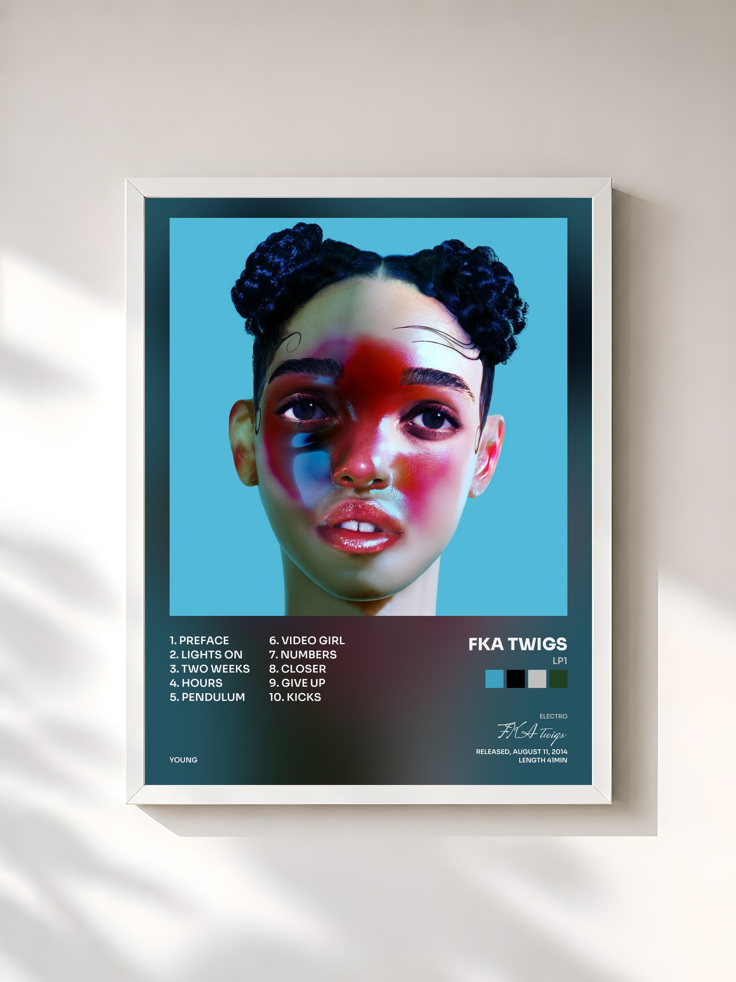 #blanc Tableau de l'album LP1 de FKA twigs, cadre blanc, imprimé et encadré en France