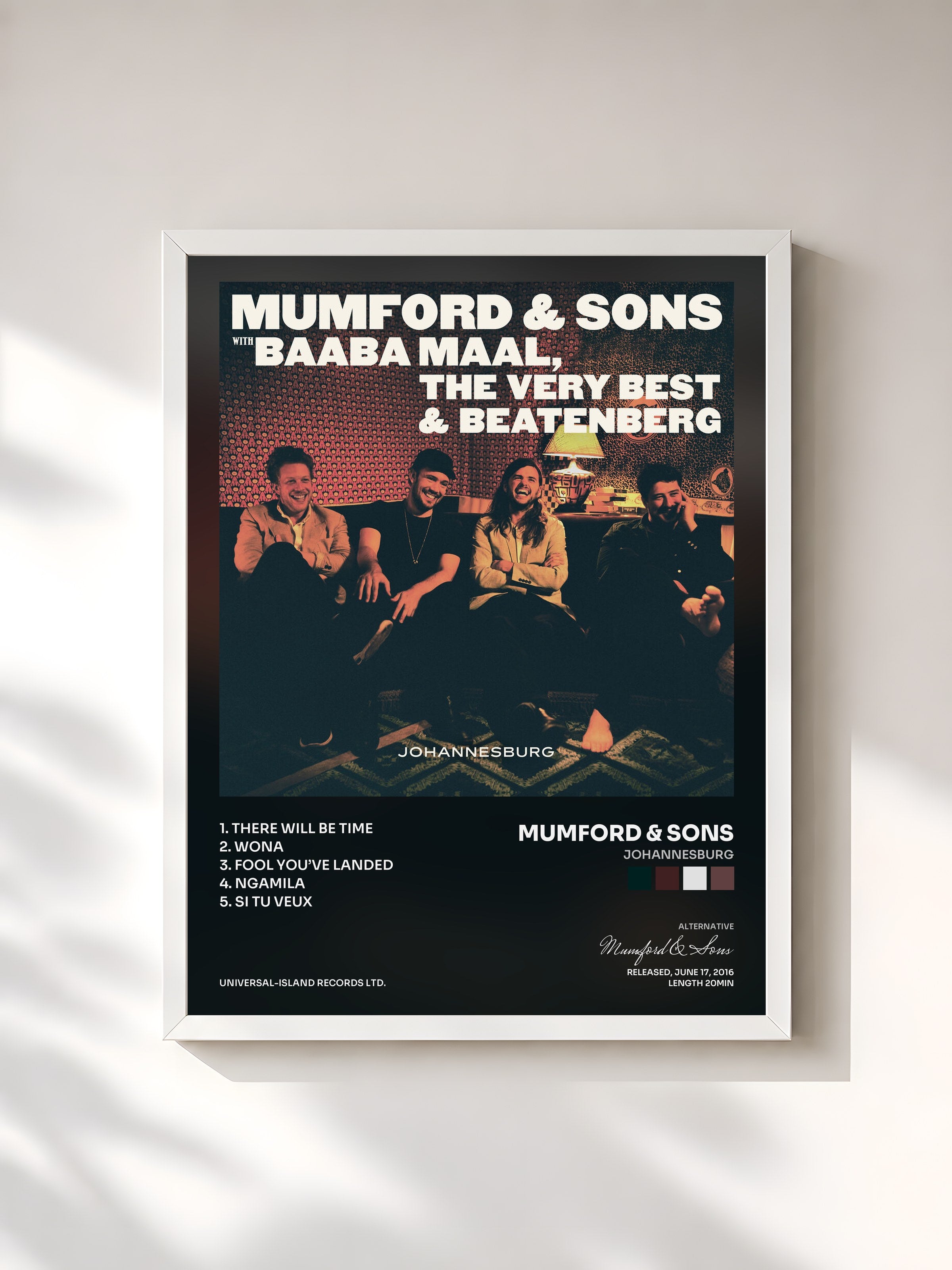 #blanc Tableau de l'album Johannesburg de Mumford & Sons, cadre blanc, imprimé et encadré en France