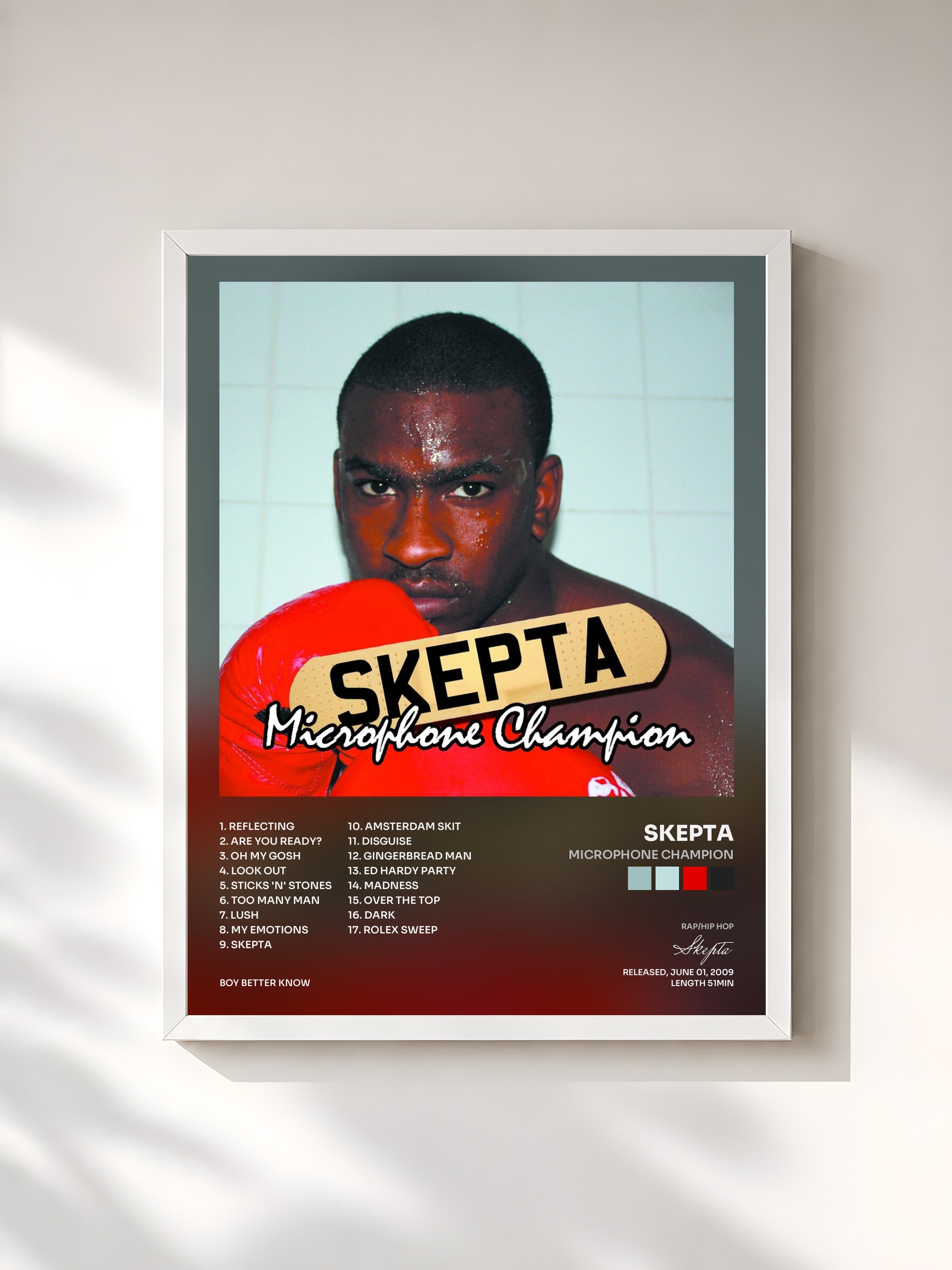 #blanc Tableau de l'album Microphone Champion de Skepta, cadre blanc, imprimé et encadré en France