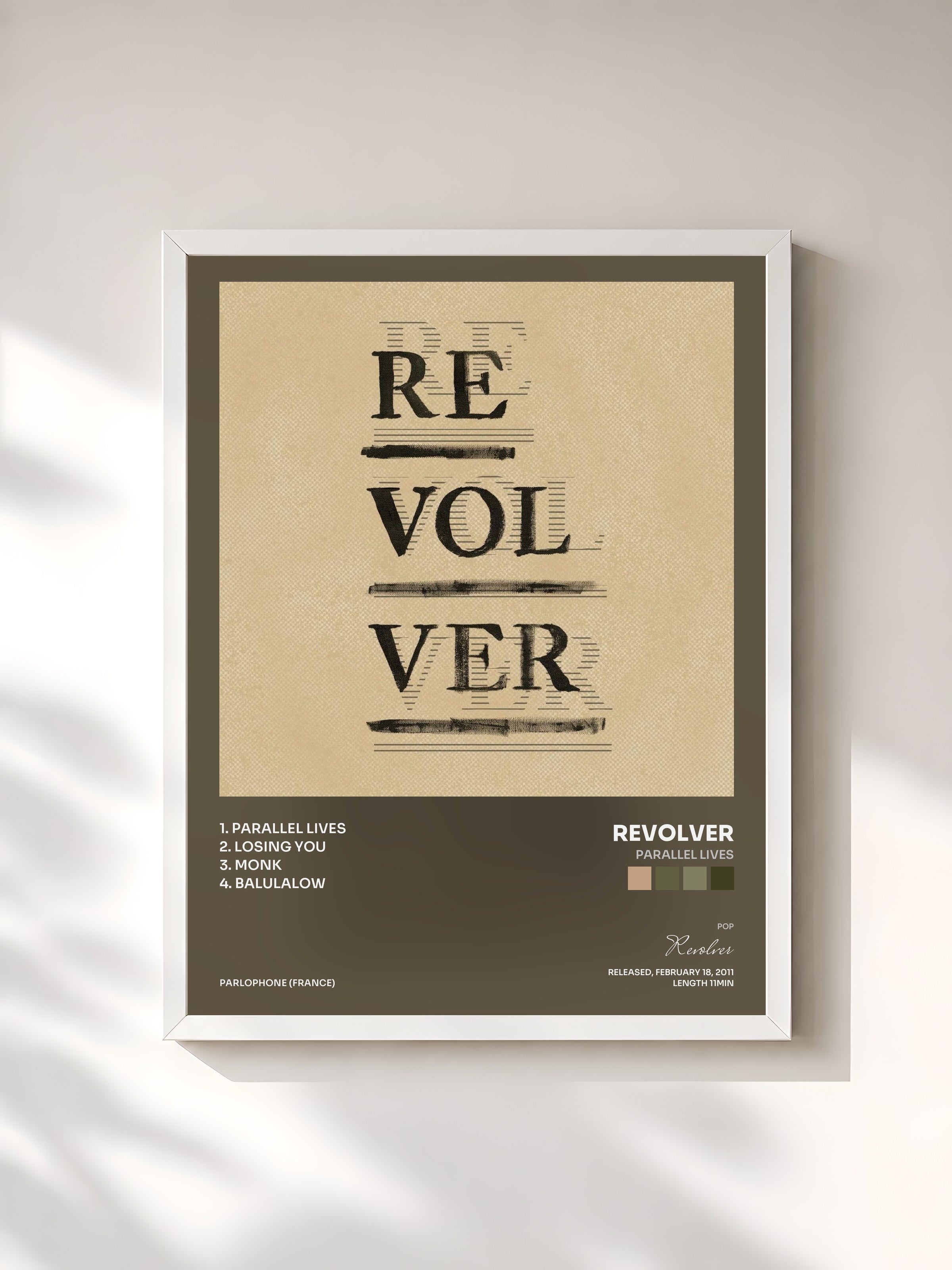 #blanc Tableau de l'album Parallel Lives de Revolver, cadre blanc, imprimé et encadré en France