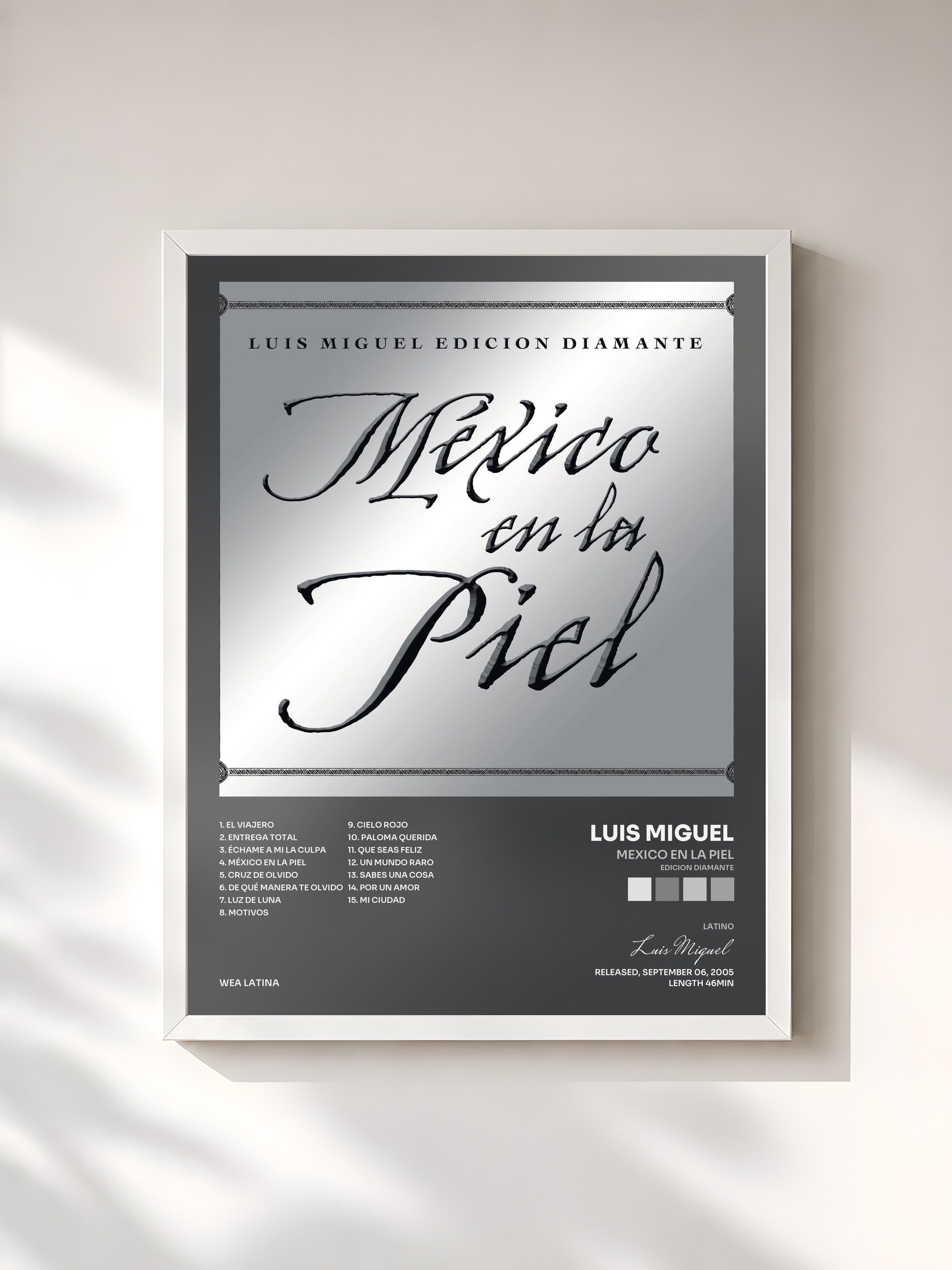 #blanc Tableau de l'album Mexico en la Piel (edicion diamante) de Luis Miguel, cadre blanc, imprimé et encadré en France