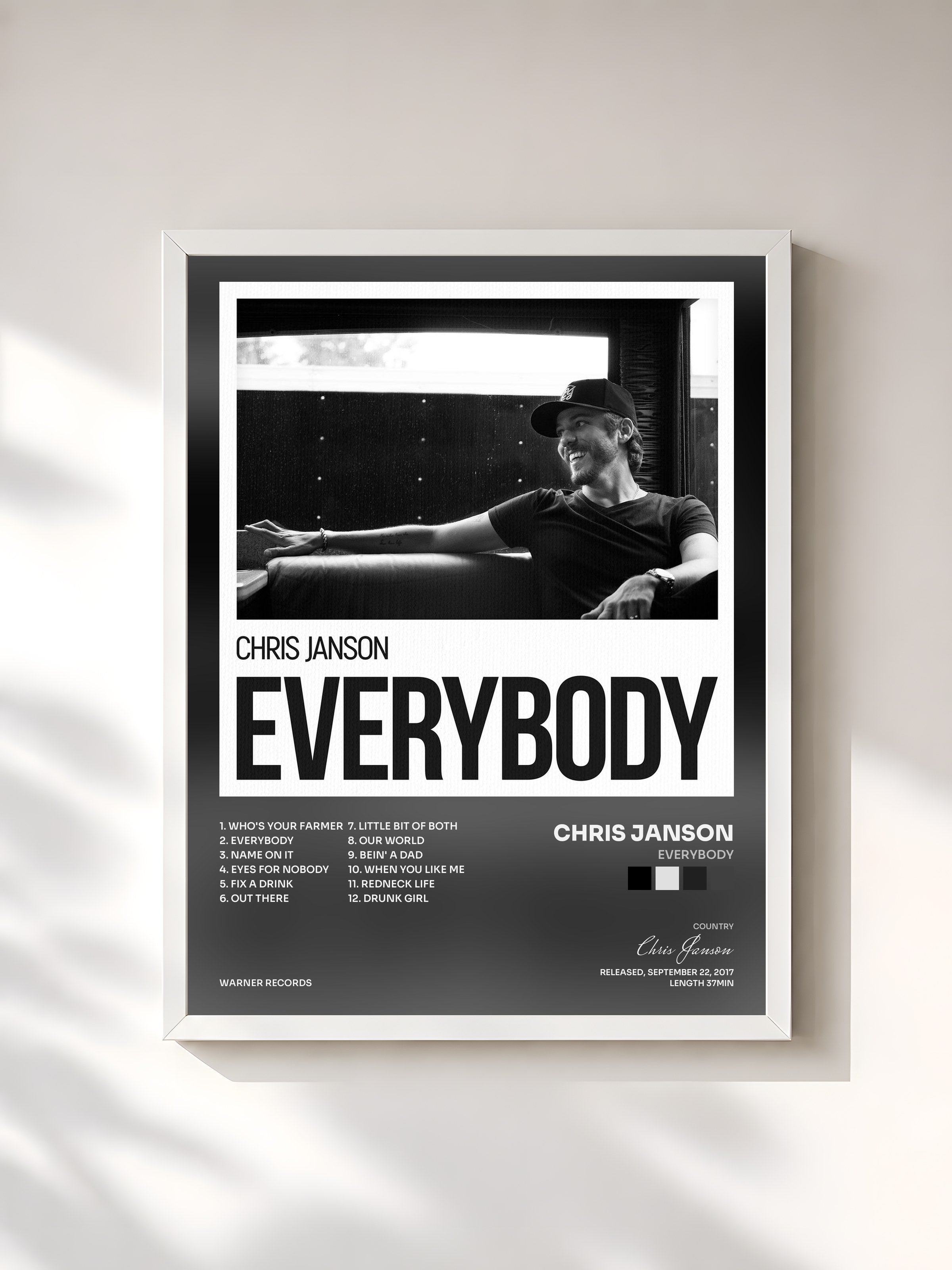 #blanc Tableau de l'album EVERYBODY de Chris Janson, cadre blanc, imprimé et encadré en France