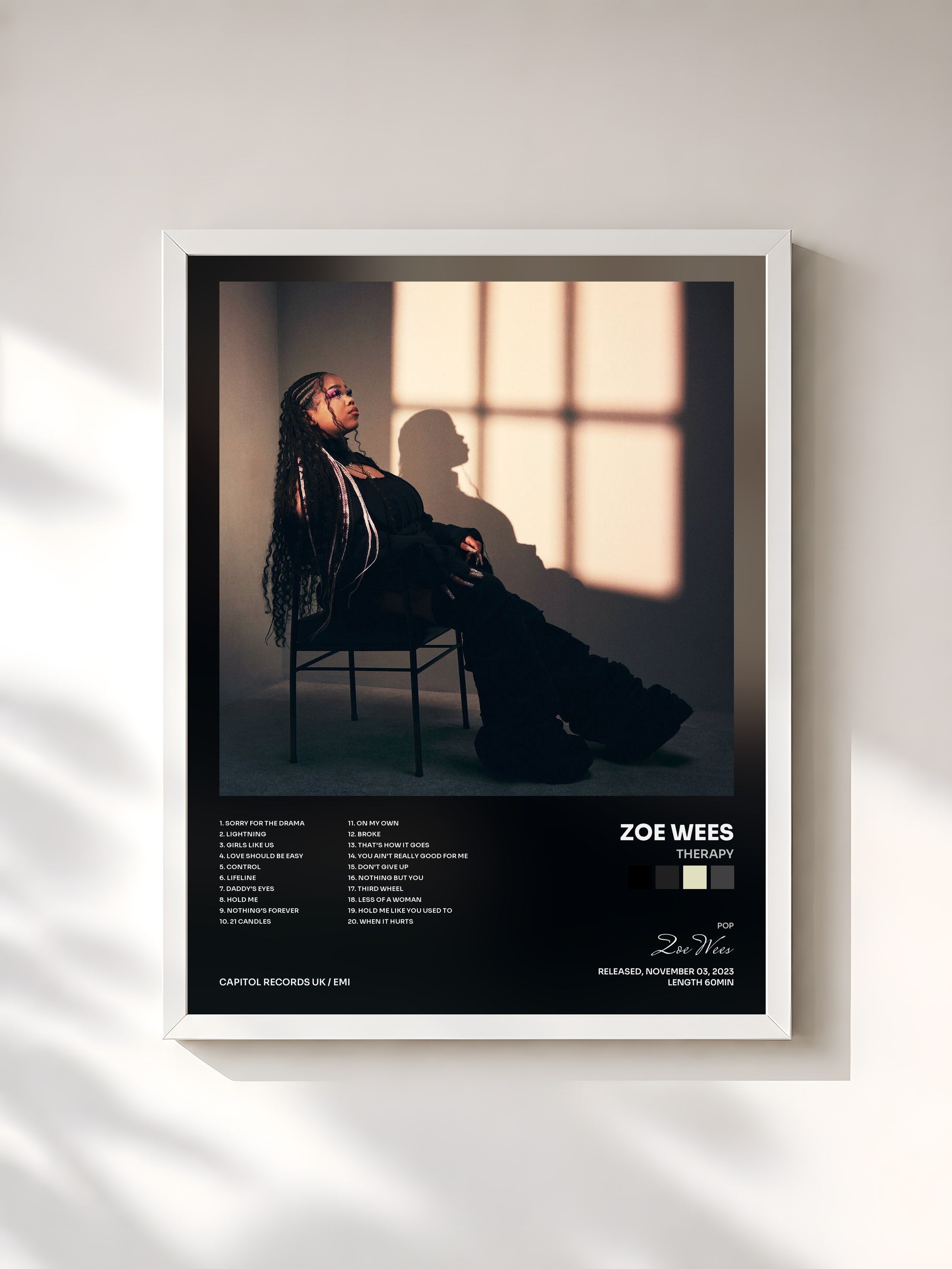 #blanc Tableau de l'album Therapy de Zoe Wees, cadre blanc, imprimé et encadré en France