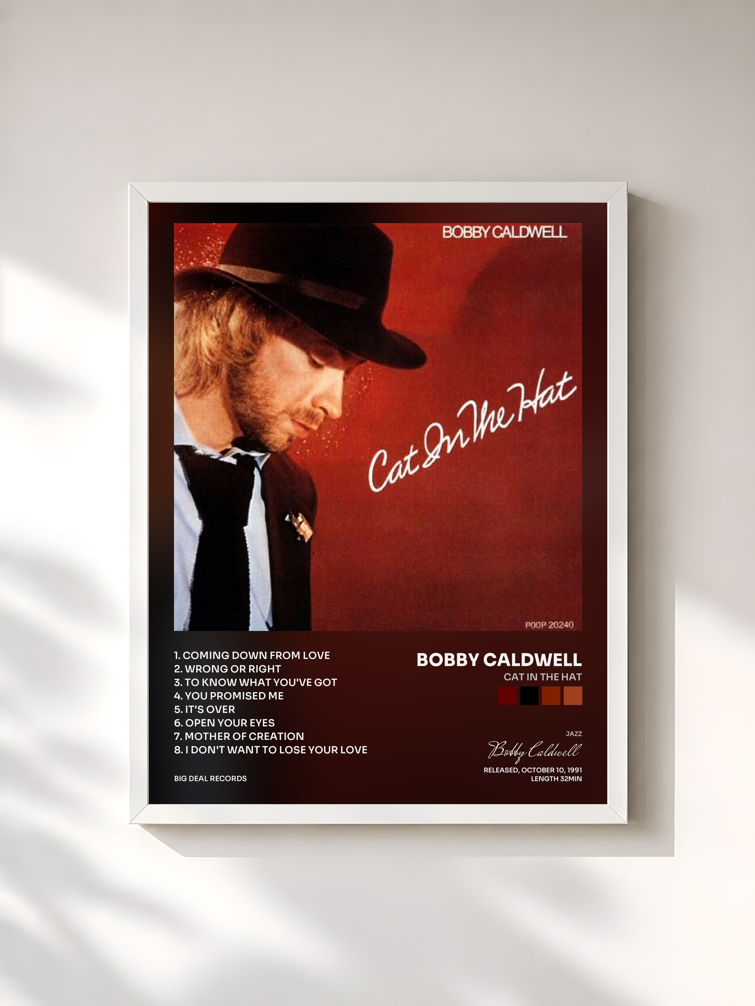 #blanc Tableau de l'album Cat in the Hat de Bobby Caldwell, cadre blanc, imprimé et encadré en France