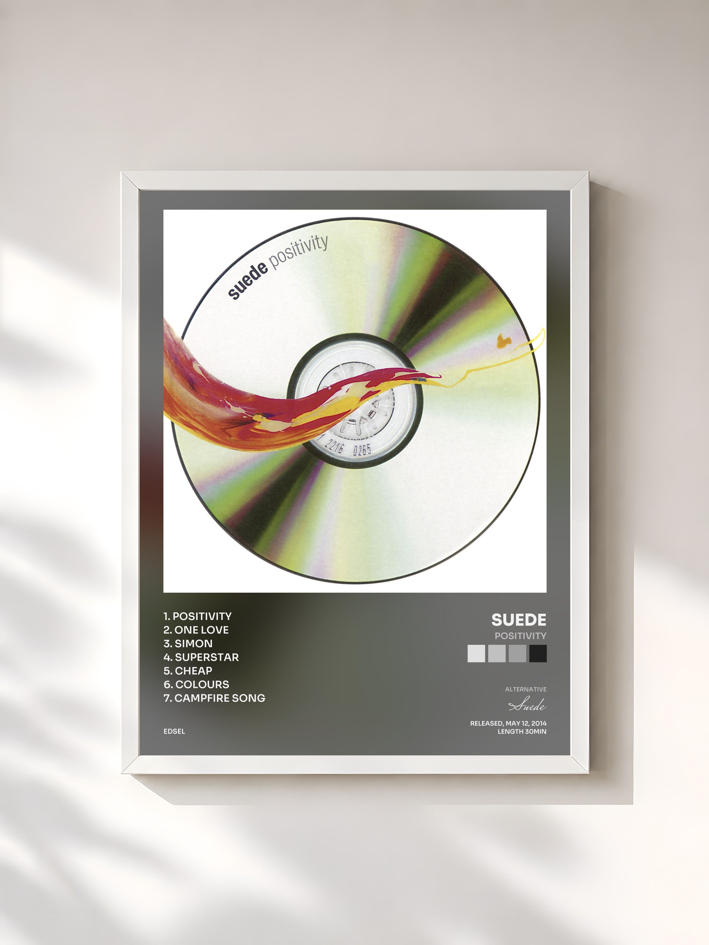 #blanc Tableau de l'album Positivity de Suede, cadre blanc, imprimé et encadré en France