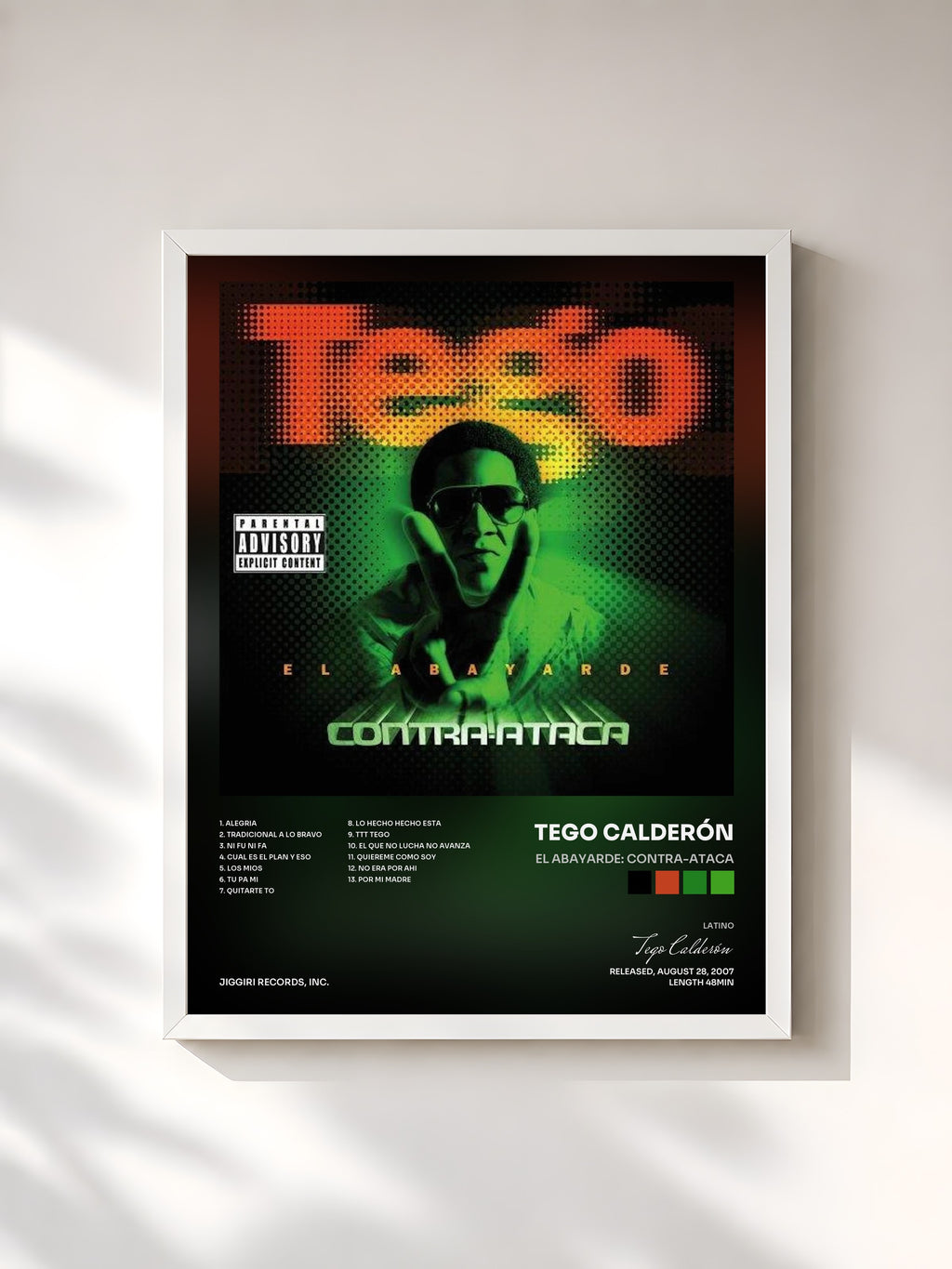 #blanc Tableau de l'album El Abayarde: Contra-Ataca de Tego Calderón, cadre blanc, imprimé et encadré en France