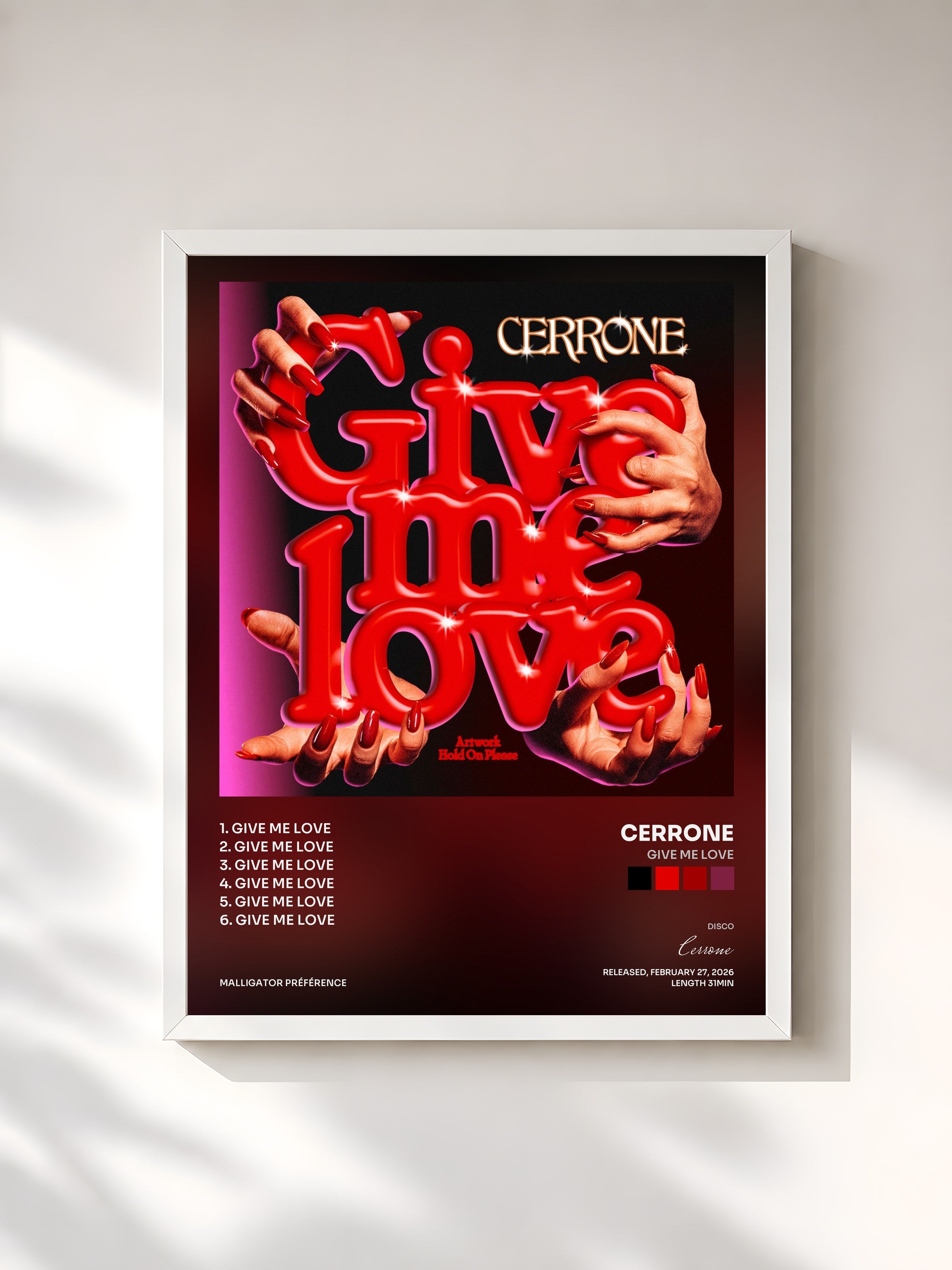 #blanc Tableau de l'album Give Me Love de Cerrone, cadre blanc, imprimé et encadré en France