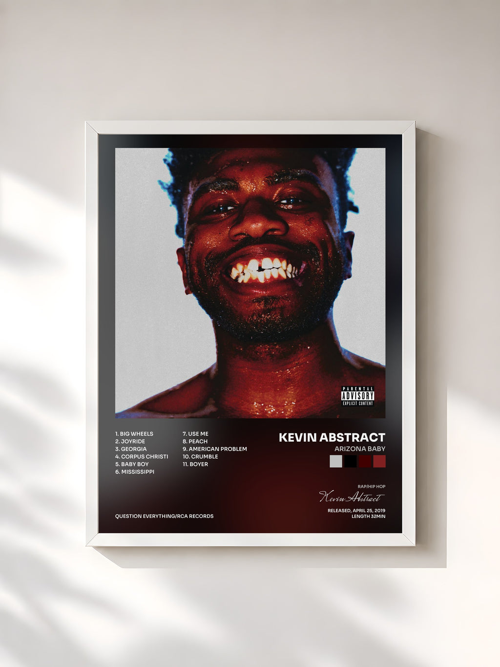 #blanc Tableau de l'album ARIZONA BABY de Kevin Abstract, cadre blanc, imprimé et encadré en France