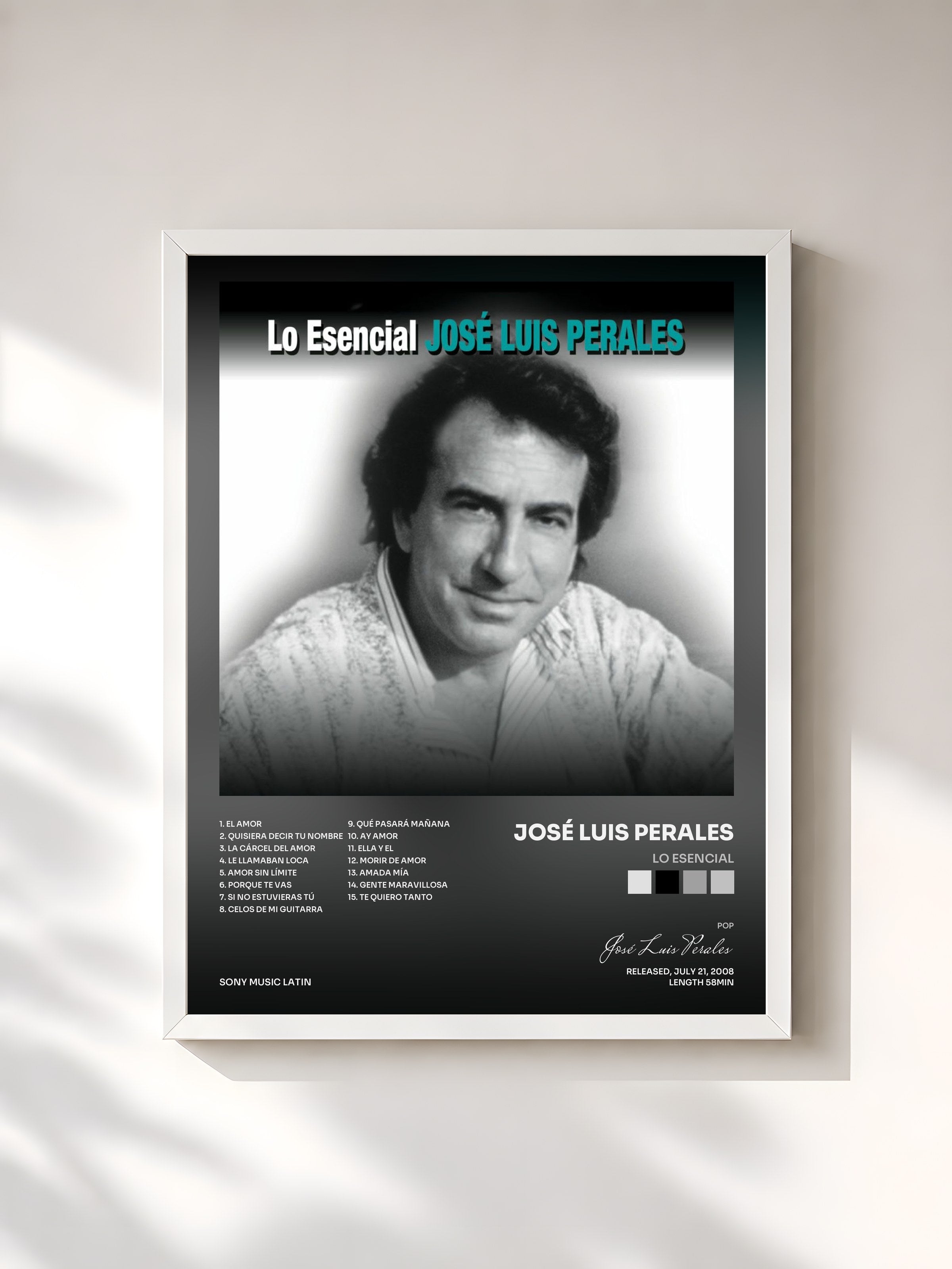 #blanc Tableau de l'album Lo Esencial de José Luis Perales, cadre blanc, imprimé et encadré en France