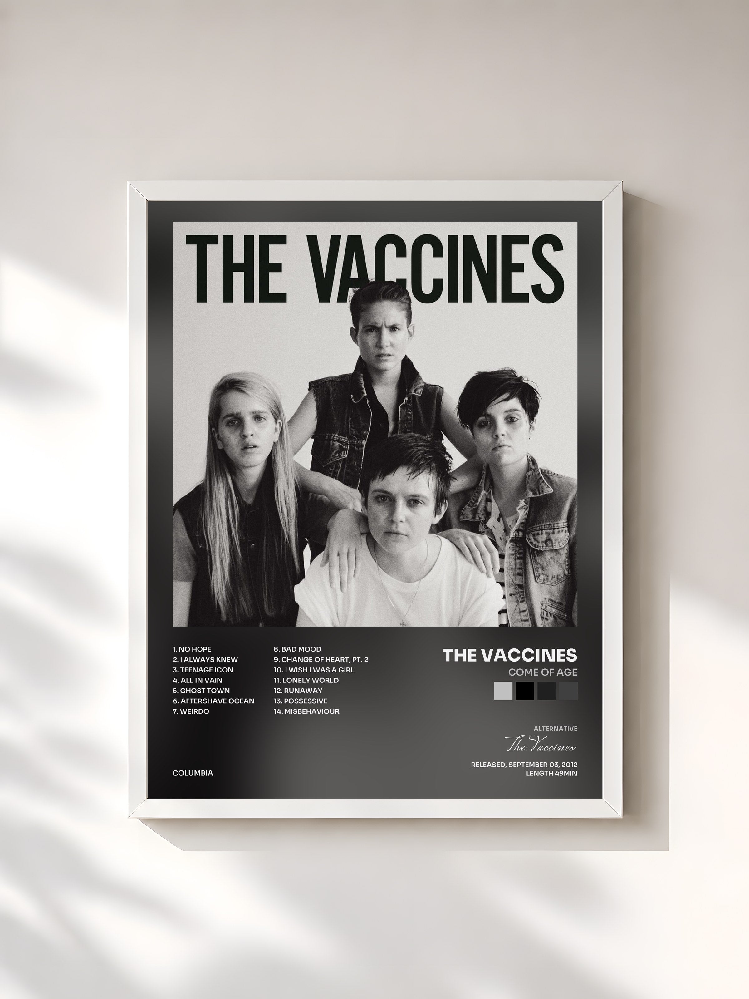 #blanc Tableau de l'album Come Of Age de The Vaccines, cadre blanc, imprimé et encadré en France