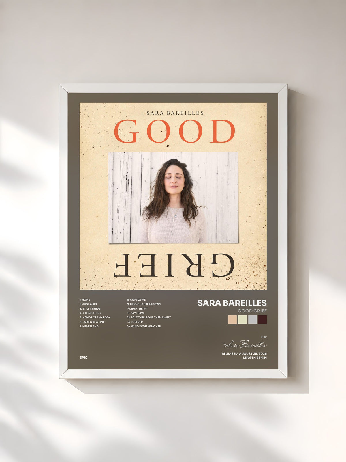 #blanc Tableau de l'album Good Grief de Sara Bareilles, cadre blanc, imprimé et encadré en France