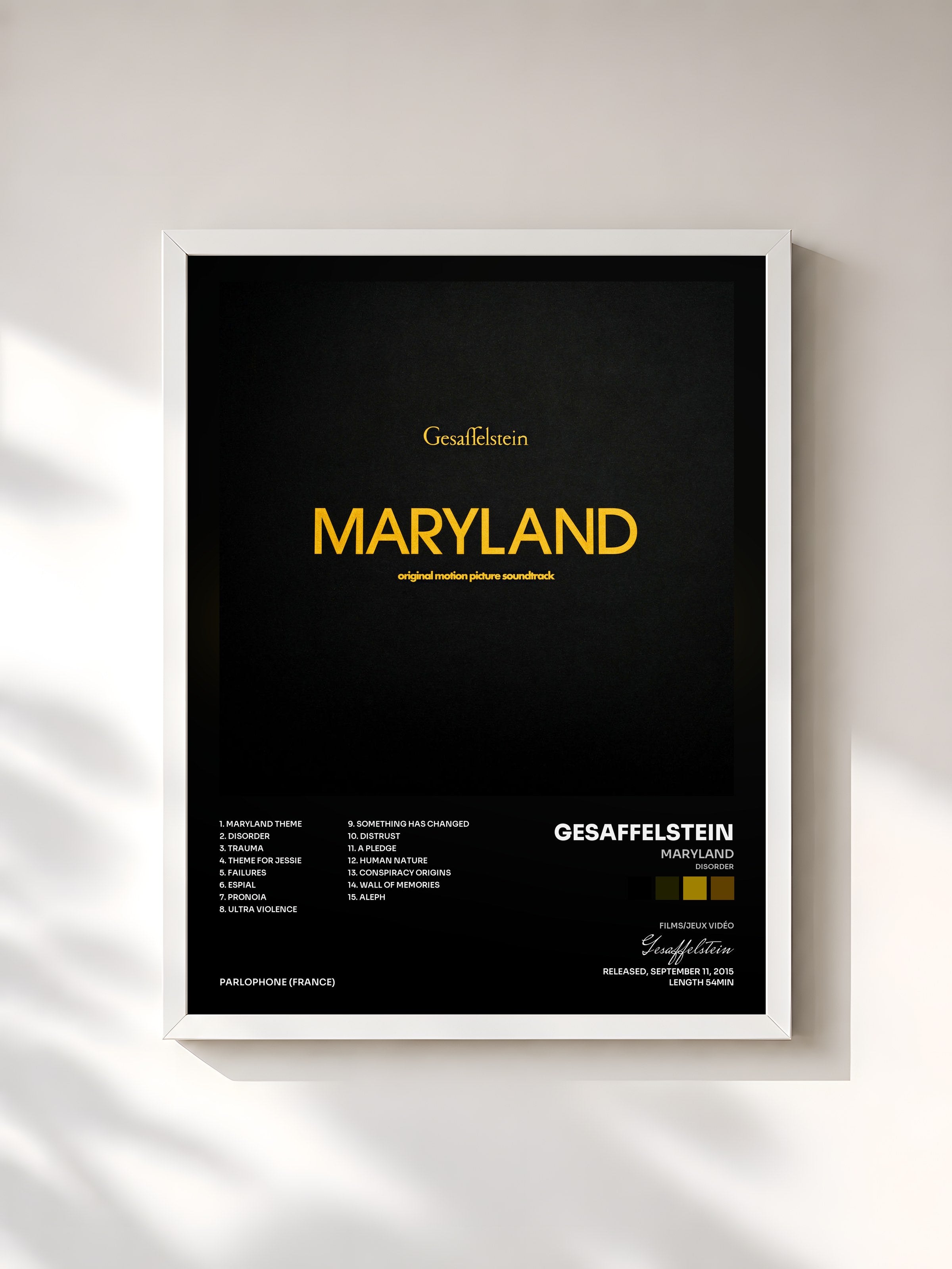 #blanc Tableau de l'album Maryland (Disorder) de Gesaffelstein, cadre blanc, imprimé et encadré en France