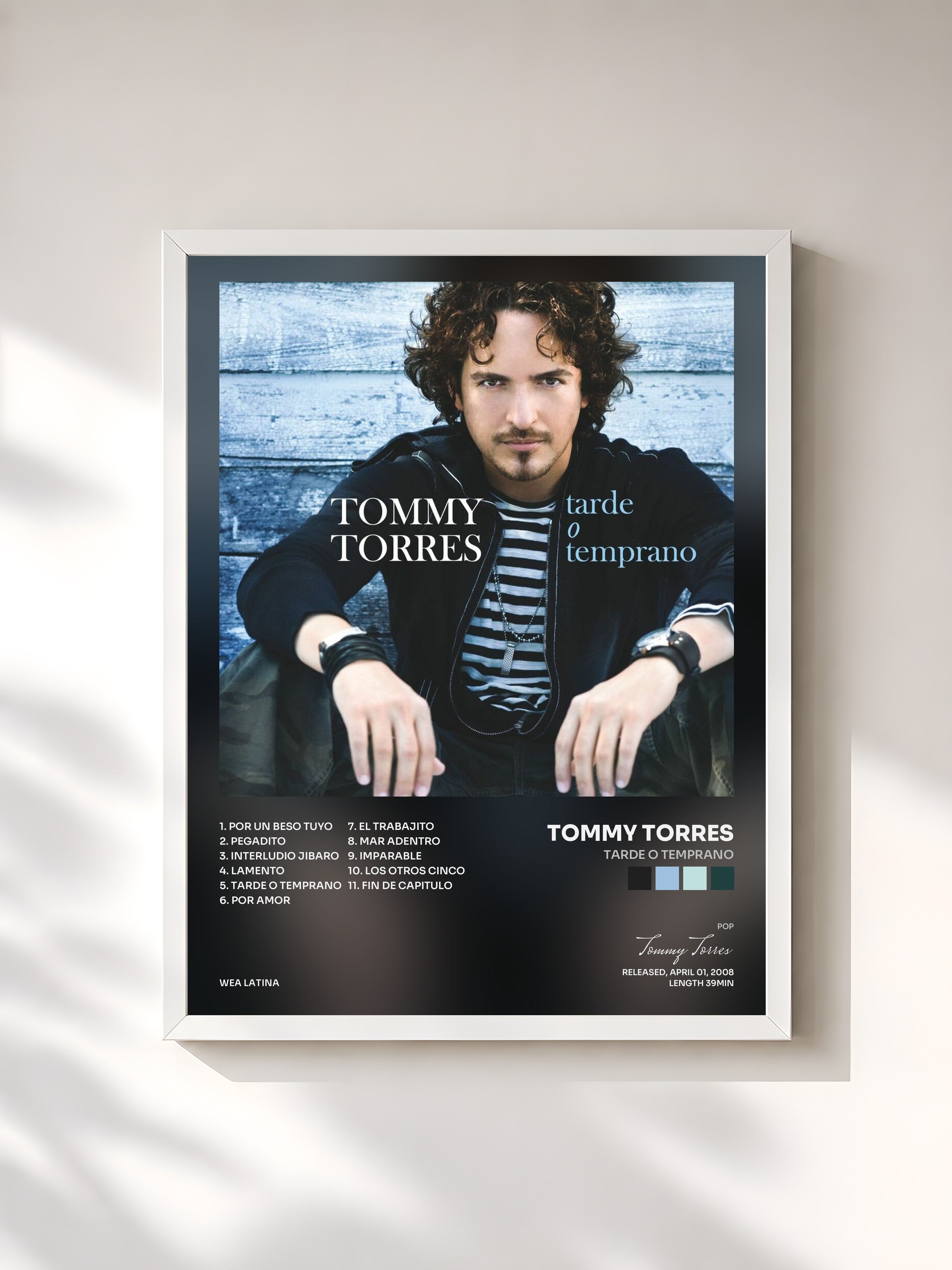 #blanc Tableau de l'album Tarde O Temprano de Tommy Torres, cadre blanc, imprimé et encadré en France