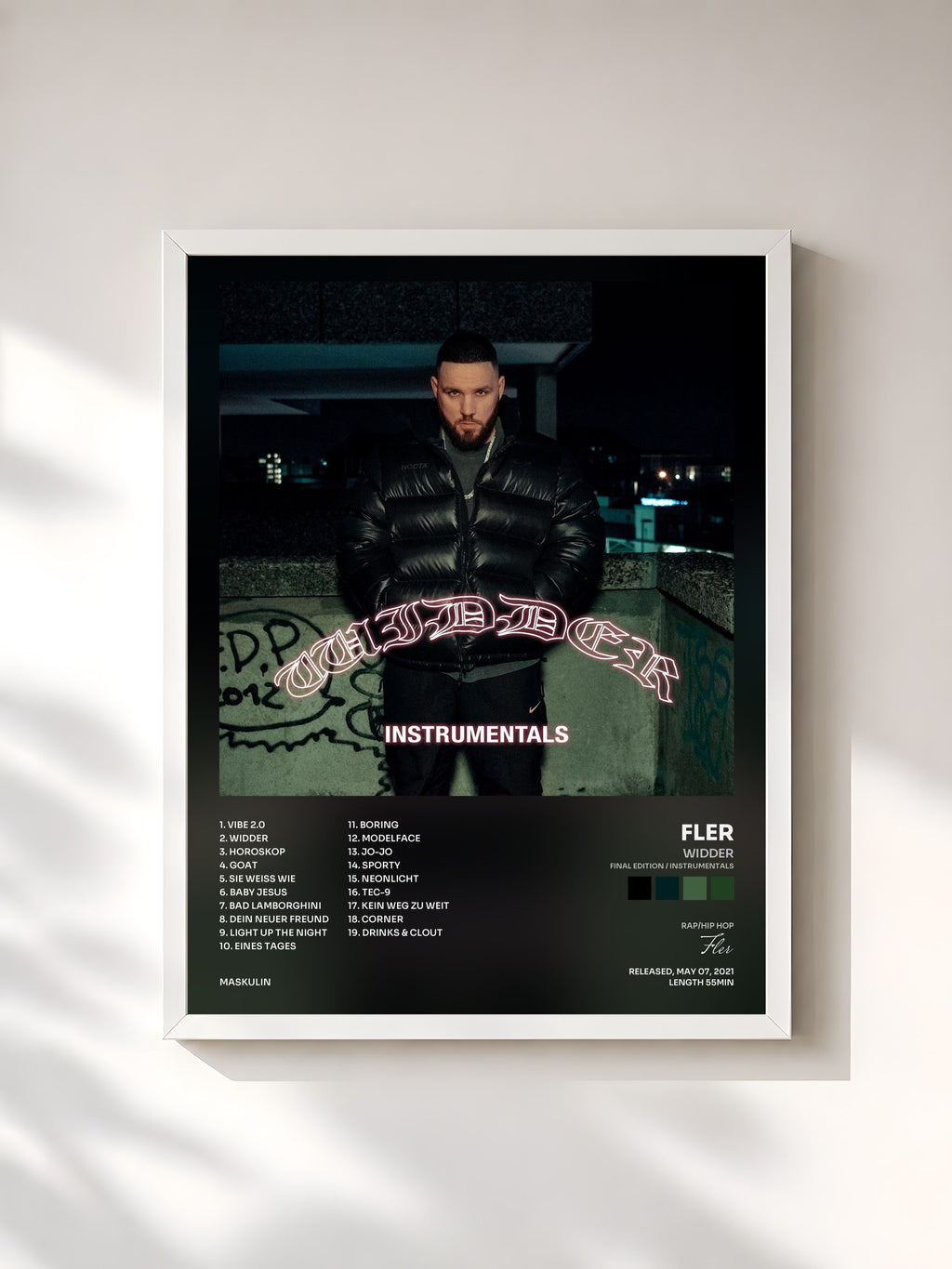 #blanc Tableau de l'album WIDDER (FINAL EDITION / INSTRUMENTALS) de Fler, cadre blanc, imprimé et encadré en France