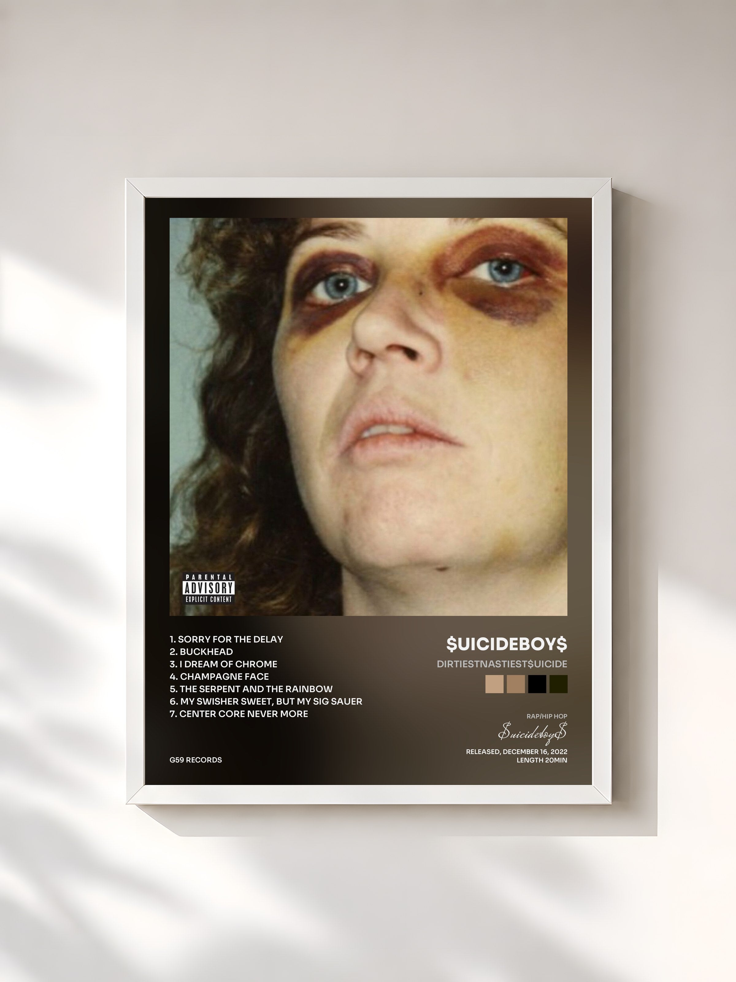 #blanc Tableau de l'album DIRTIESTNASTIEST$UICIDE de $uicideboy$, cadre blanc, imprimé et encadré en France