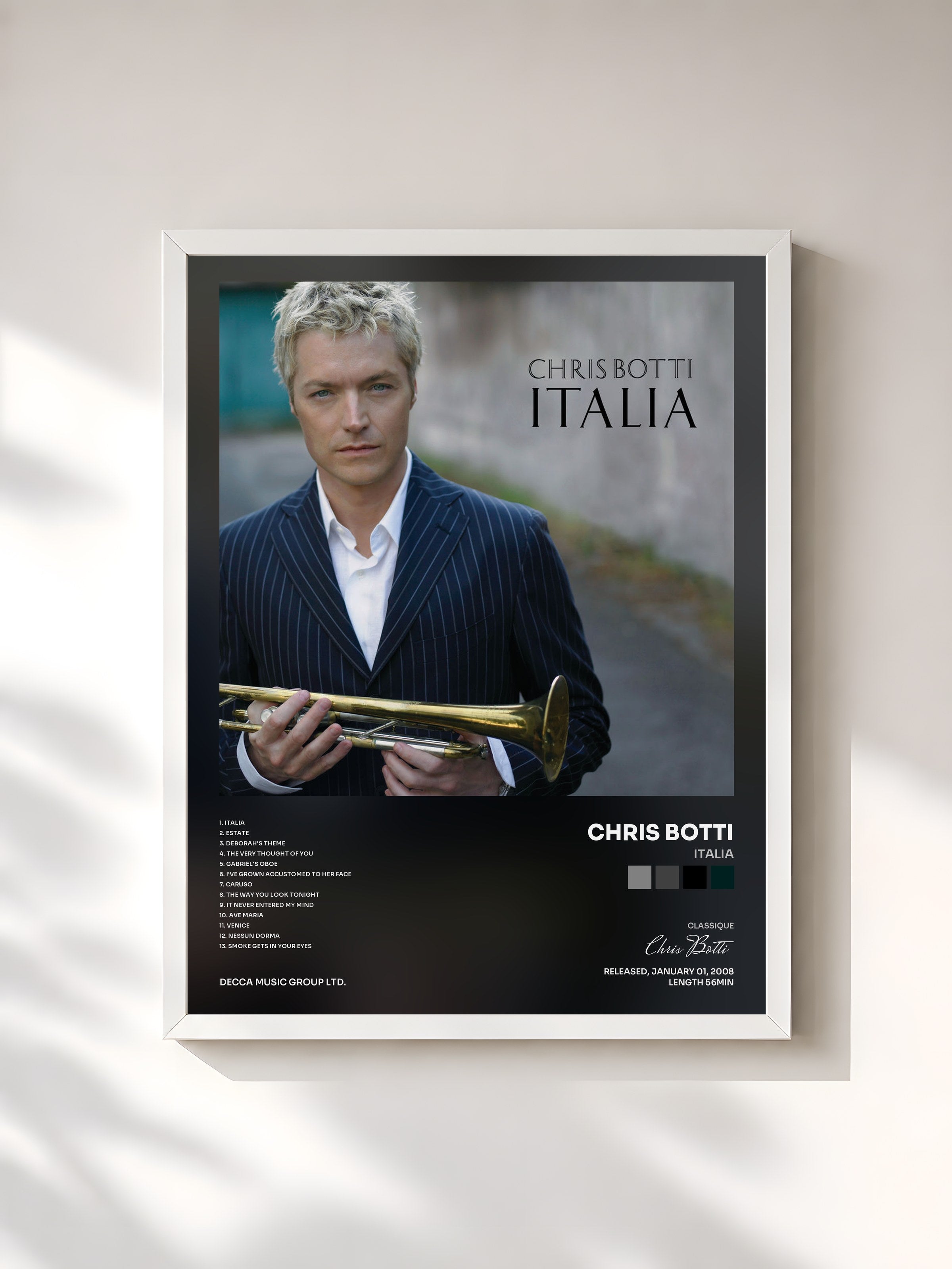 #blanc Tableau de l'album Italia de Chris Botti, cadre blanc, imprimé et encadré en France