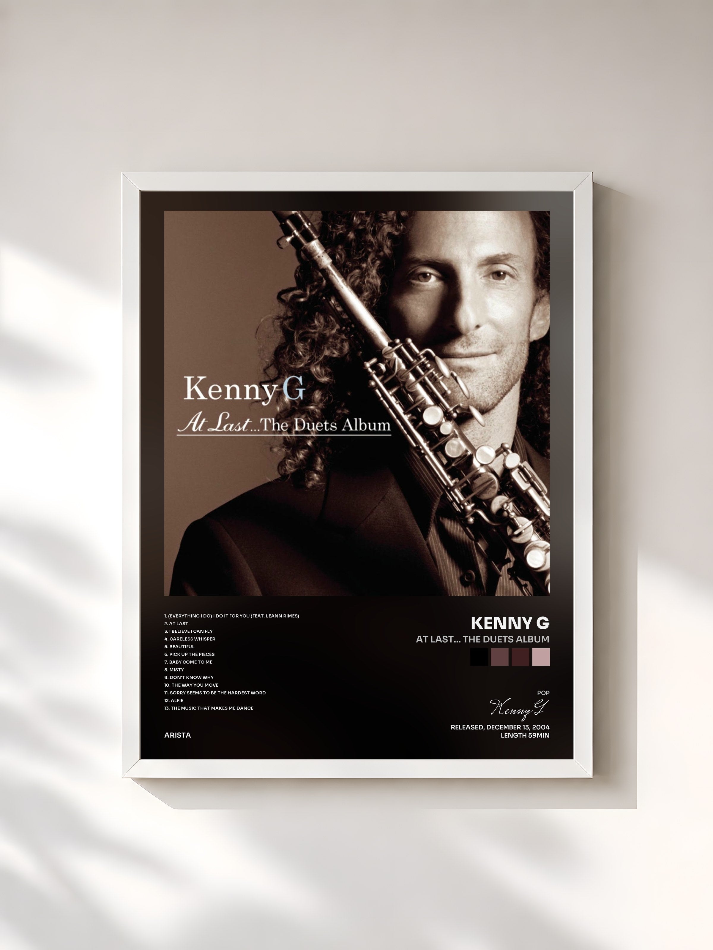#blanc Tableau de l'album At Last... The Duets Album de Kenny G, cadre blanc, imprimé et encadré en France
