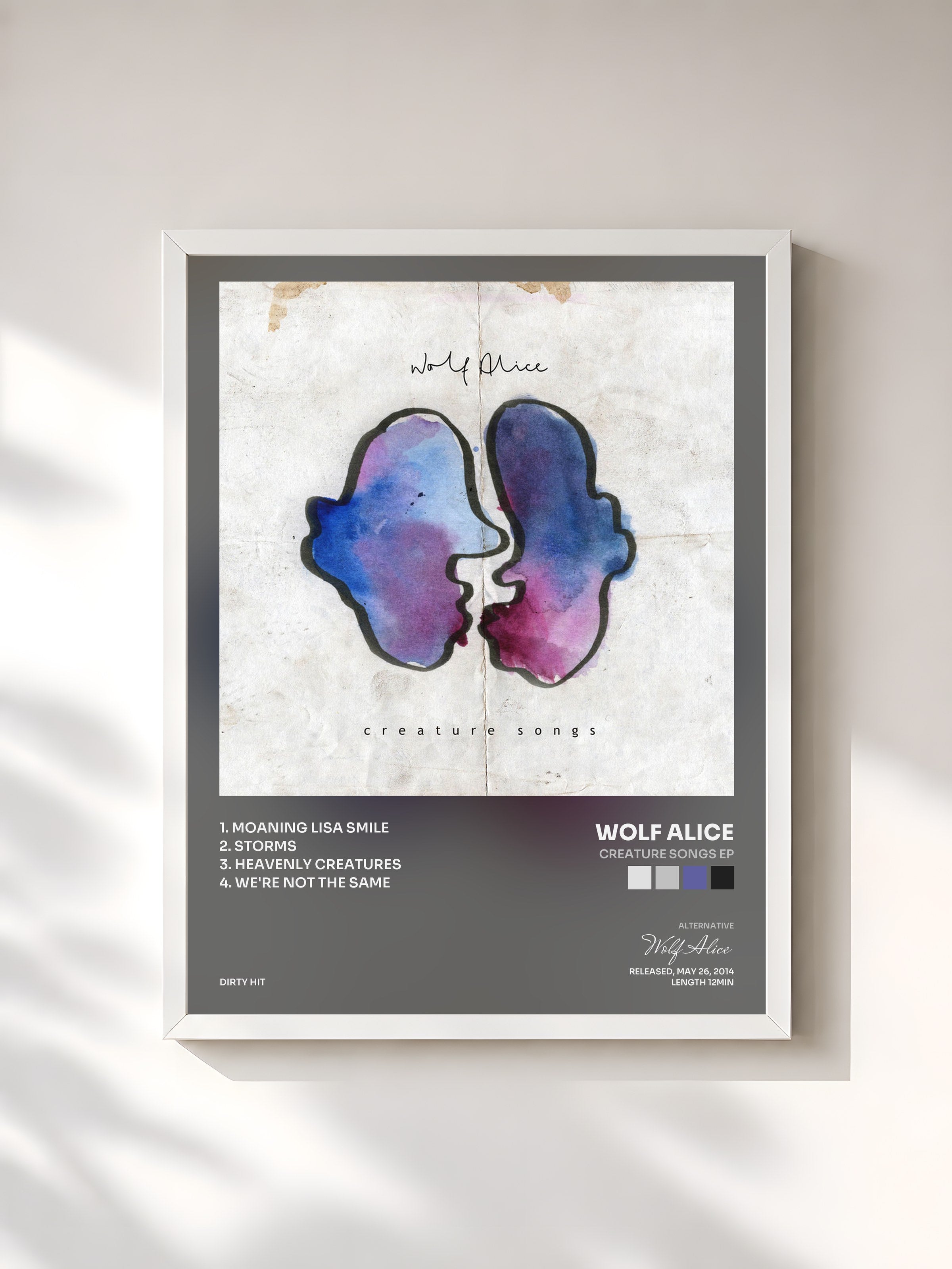 #blanc Tableau de l'album Creature Songs EP de Wolf Alice, cadre blanc, imprimé et encadré en France