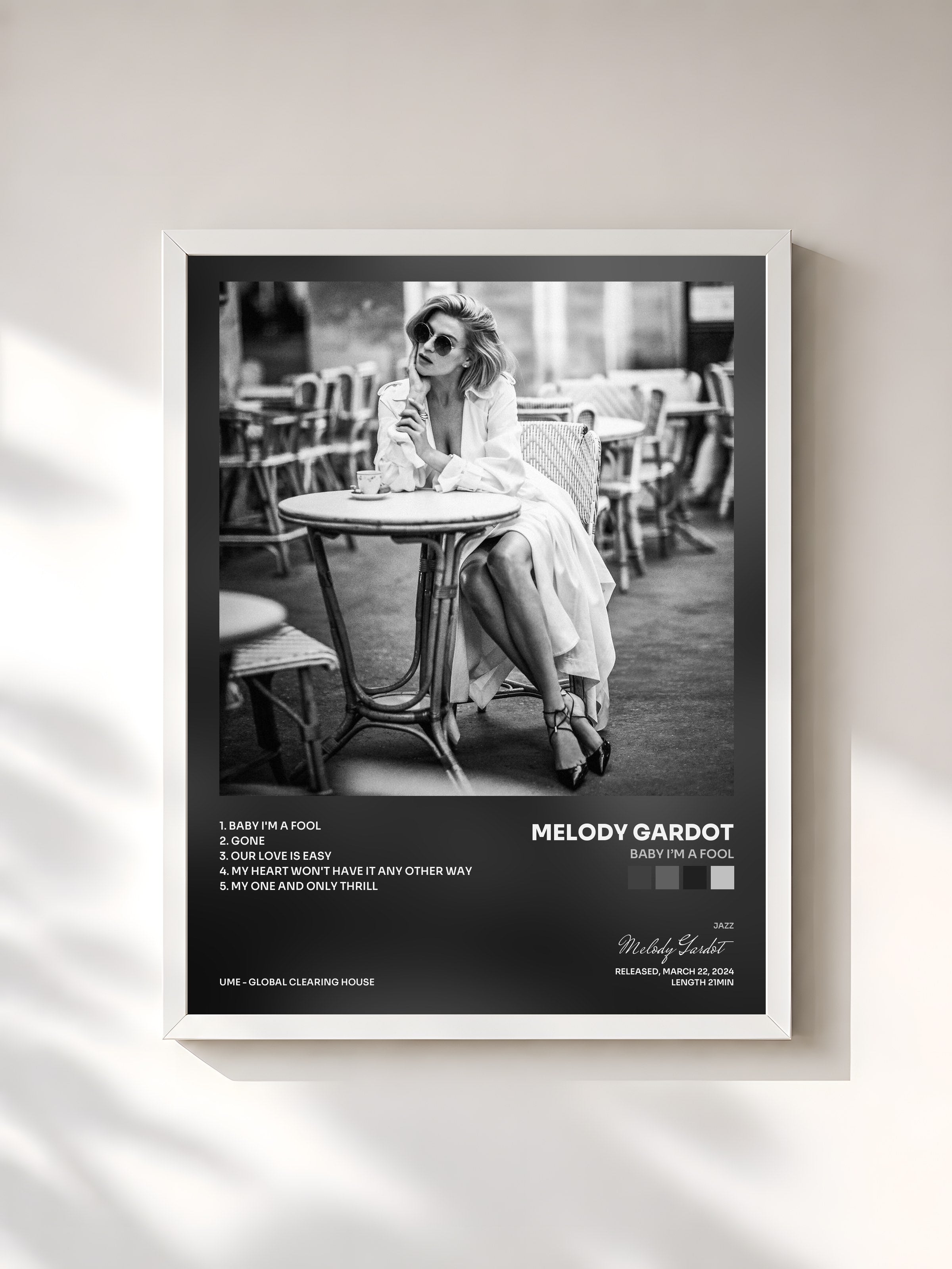 #blanc Tableau de l'album Baby I’m A Fool de Melody Gardot, cadre blanc, imprimé et encadré en France