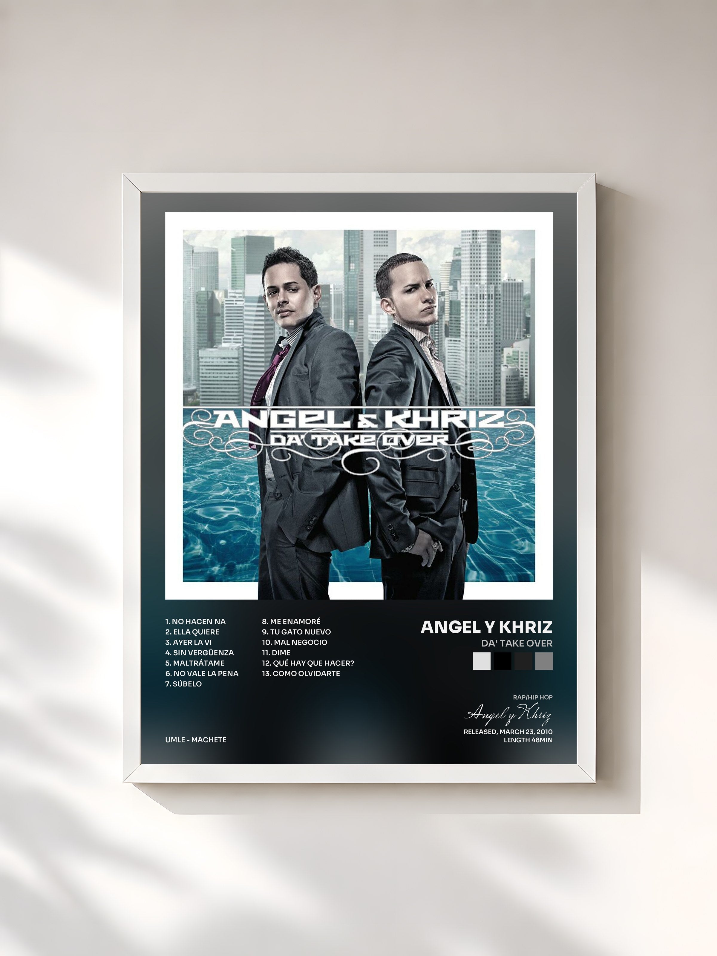 #blanc Tableau de l'album Da' Take Over de Angel y Khriz, cadre blanc, imprimé et encadré en France