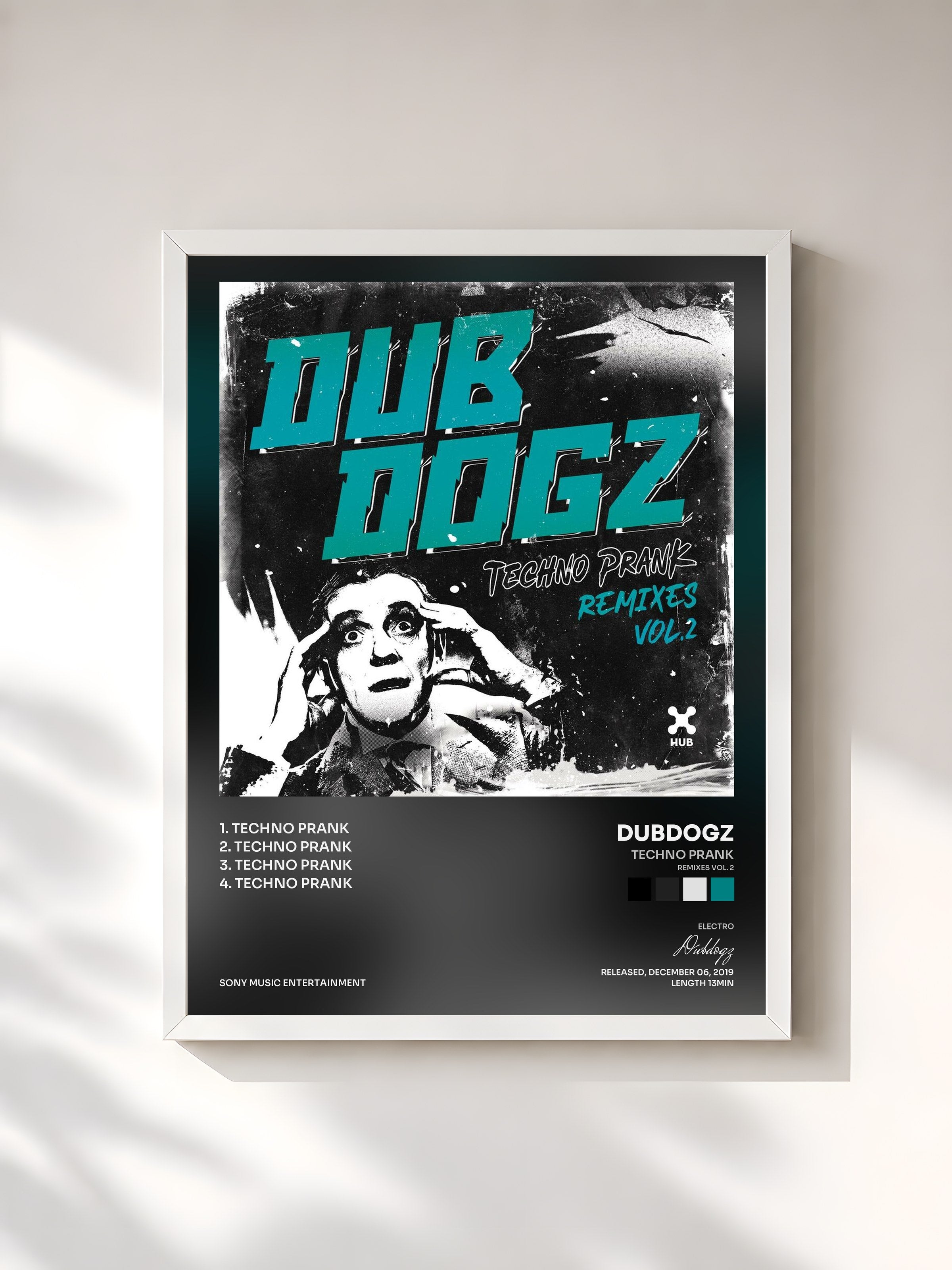 #blanc Tableau de l'album Techno Prank (Remixes Vol. 2) de Dubdogz, cadre blanc, imprimé et encadré en France