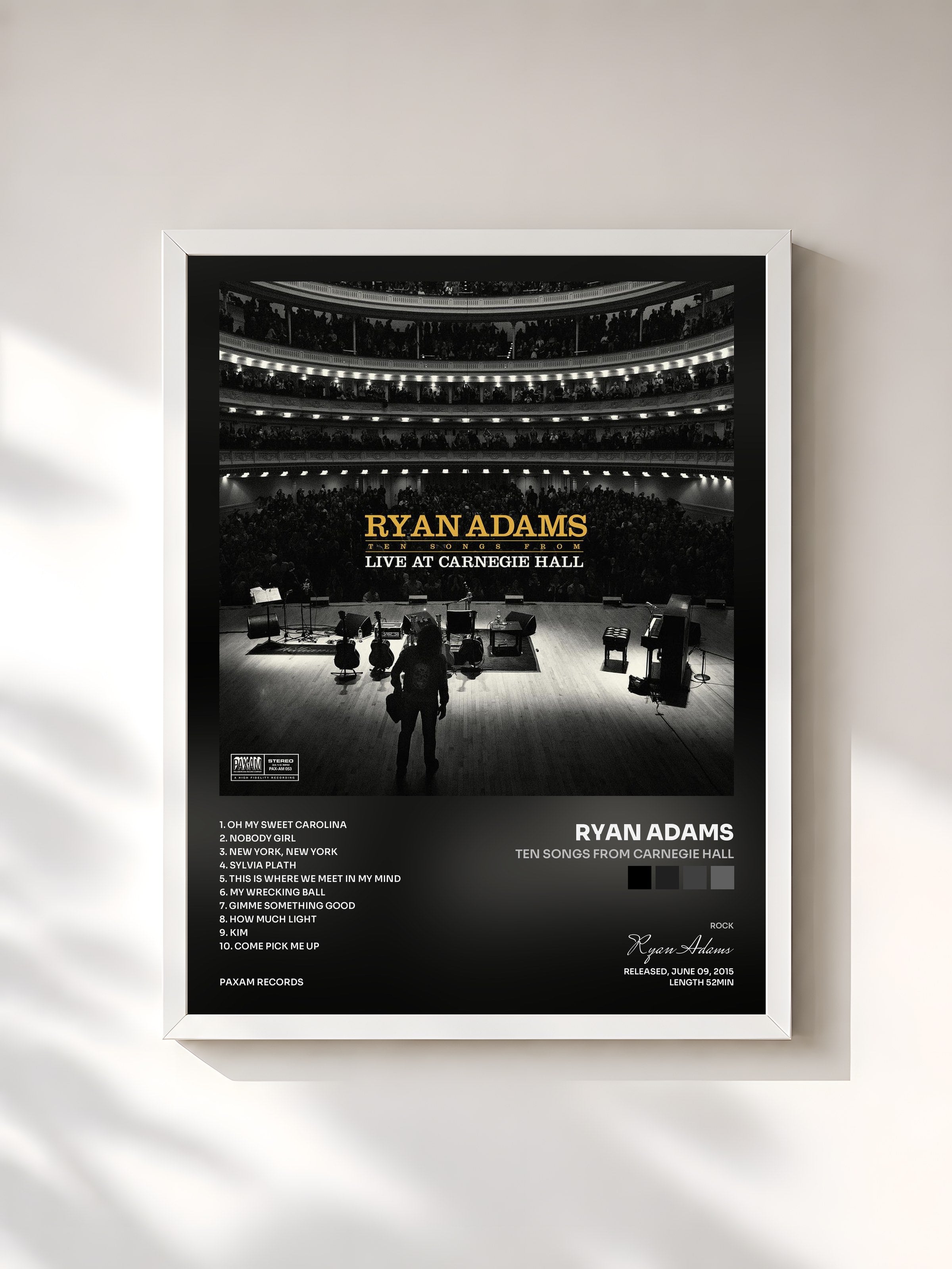 #blanc Tableau de l'album Ten Songs from Carnegie Hall de Ryan Adams, cadre blanc, imprimé et encadré en France