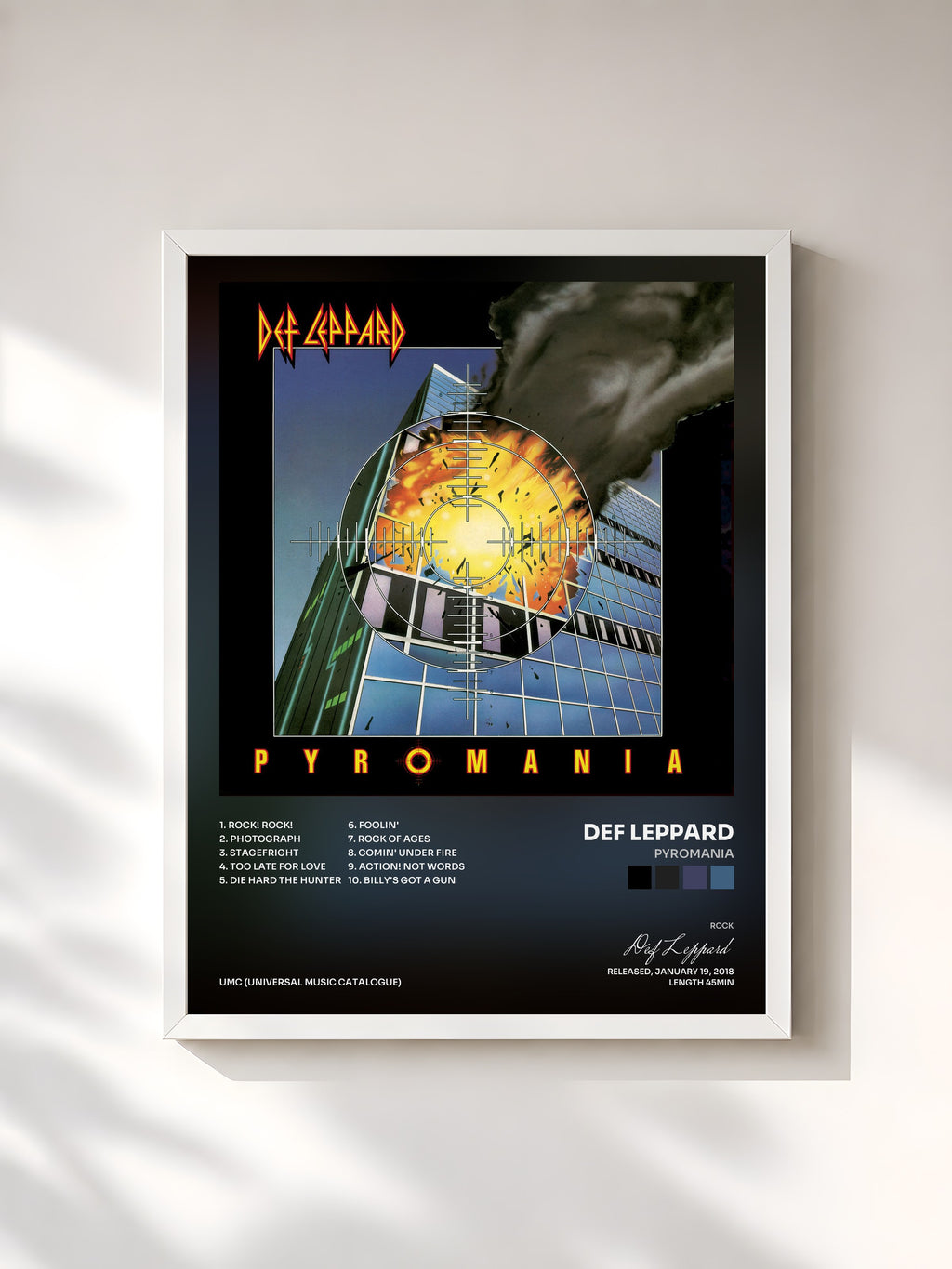 #blanc Tableau de l'album Pyromania de Def Leppard, cadre blanc, imprimé et encadré en France