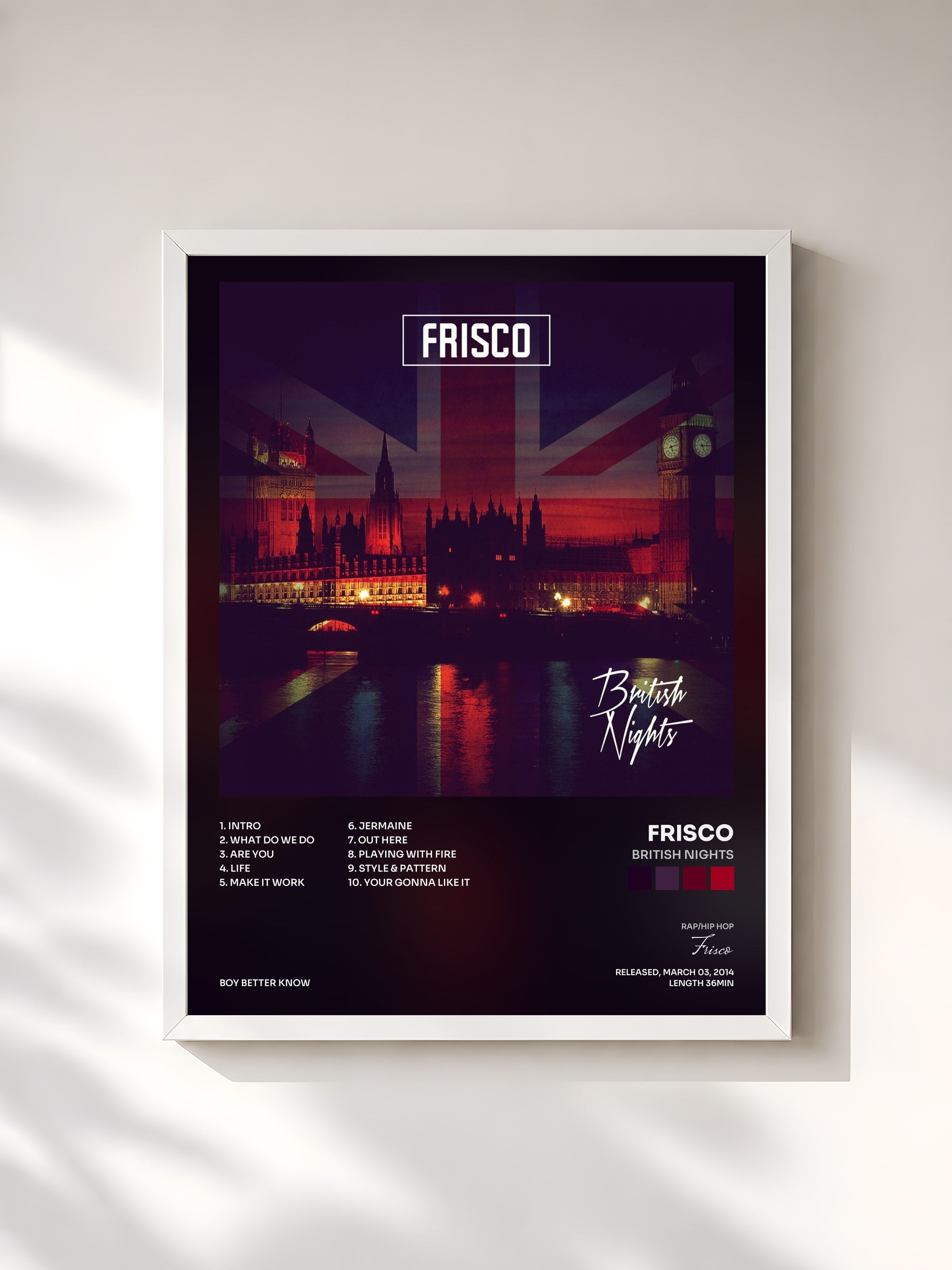 #blanc Tableau de l'album British Nights de Frisco, cadre blanc, imprimé et encadré en France