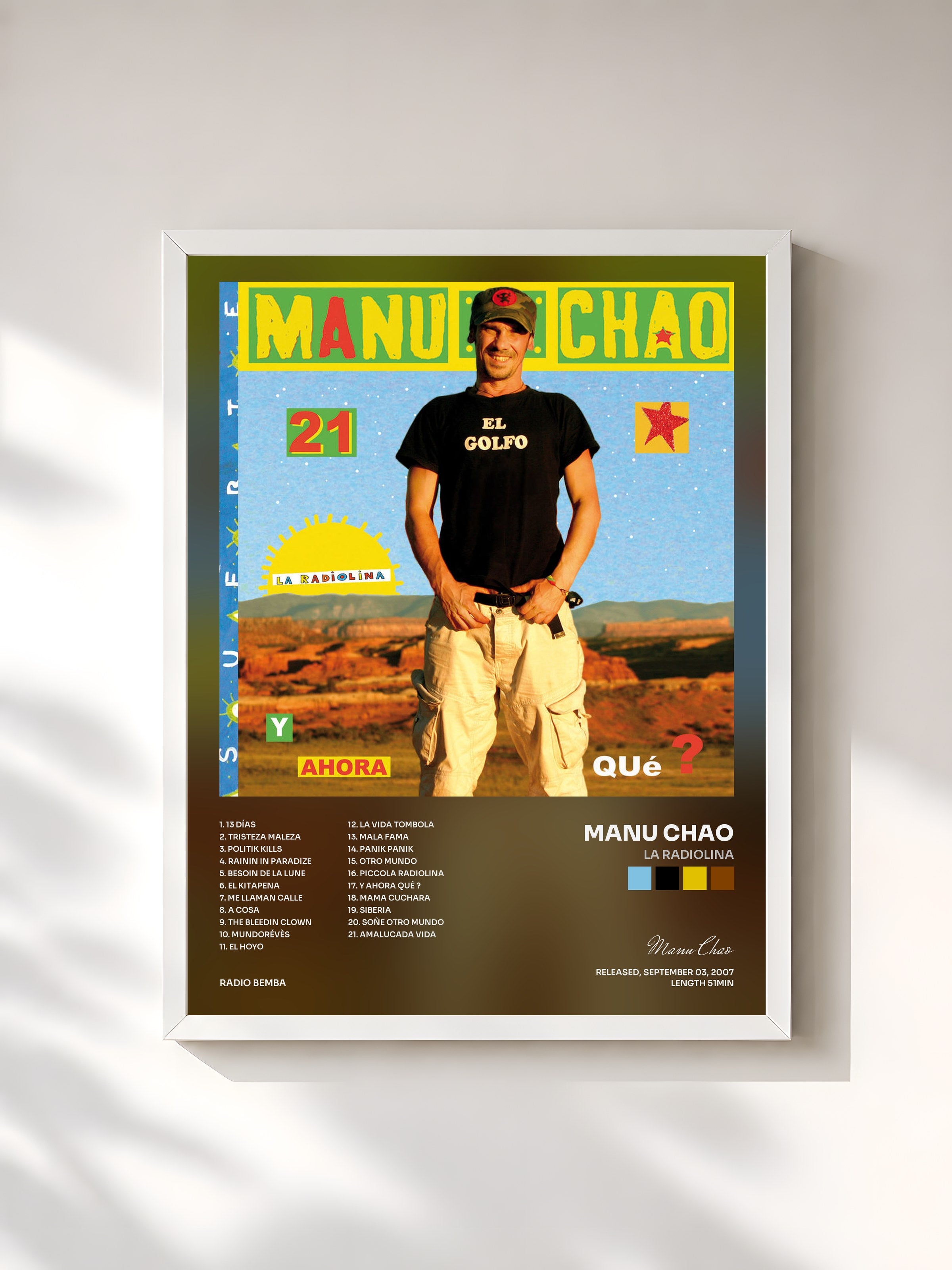 #blanc Tableau de l'album La Radiolina de Manu Chao, cadre blanc, imprimé et encadré en France