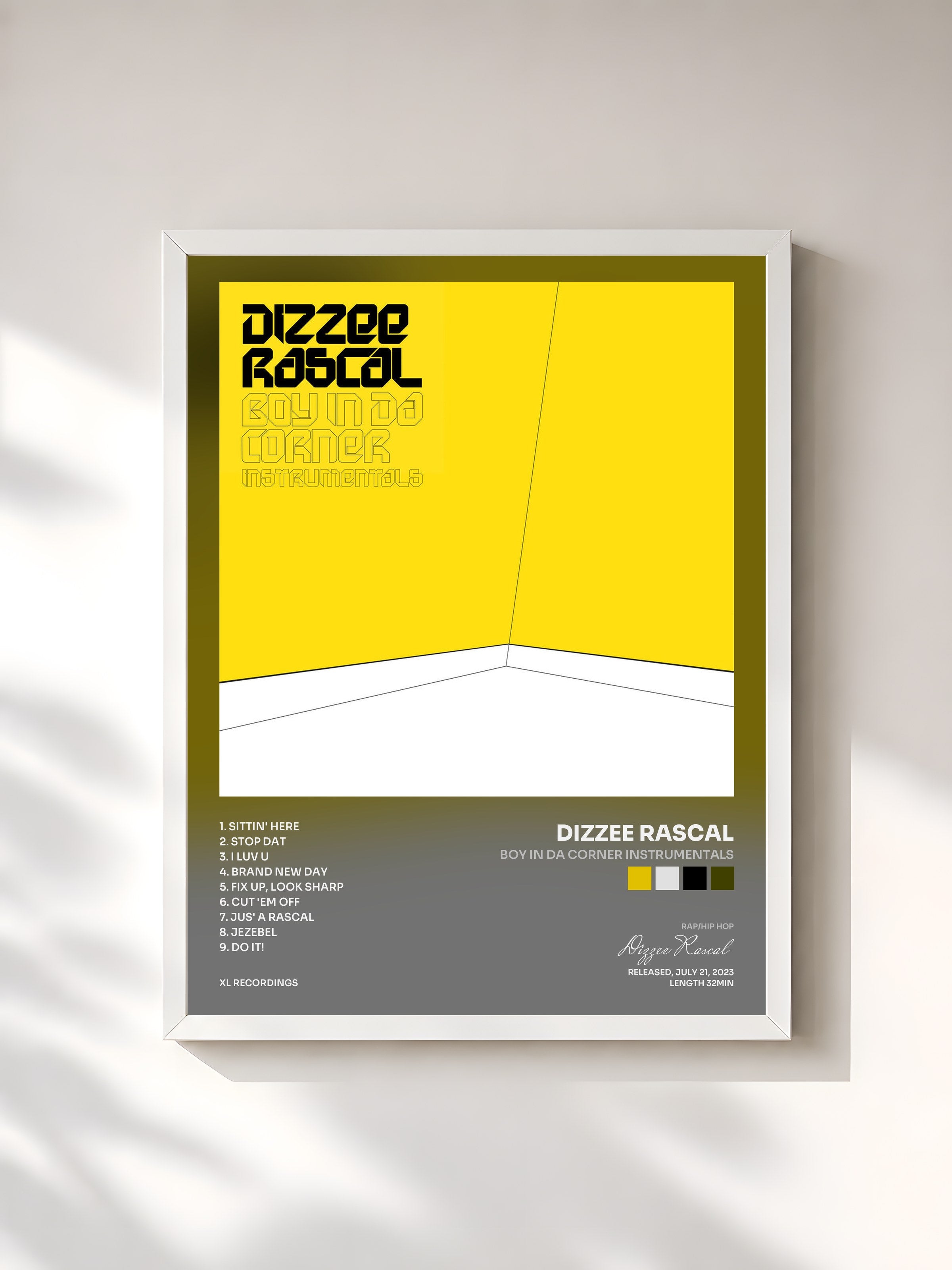 #blanc Tableau de l'album Boy In Da Corner Instrumentals de Dizzee Rascal, cadre blanc, imprimé et encadré en France