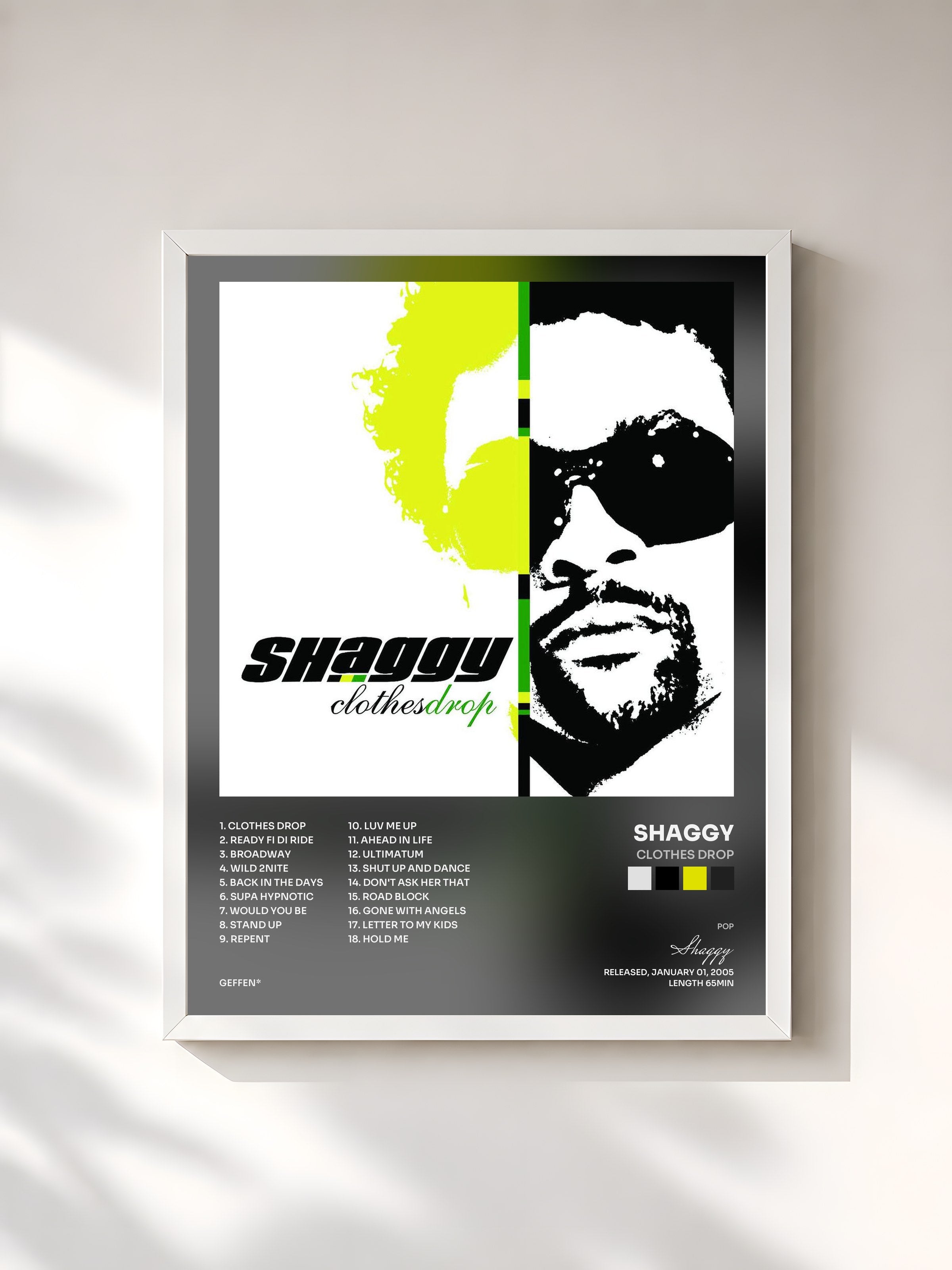 #blanc Tableau de l'album Clothes Drop de Shaggy, cadre blanc, imprimé et encadré en France