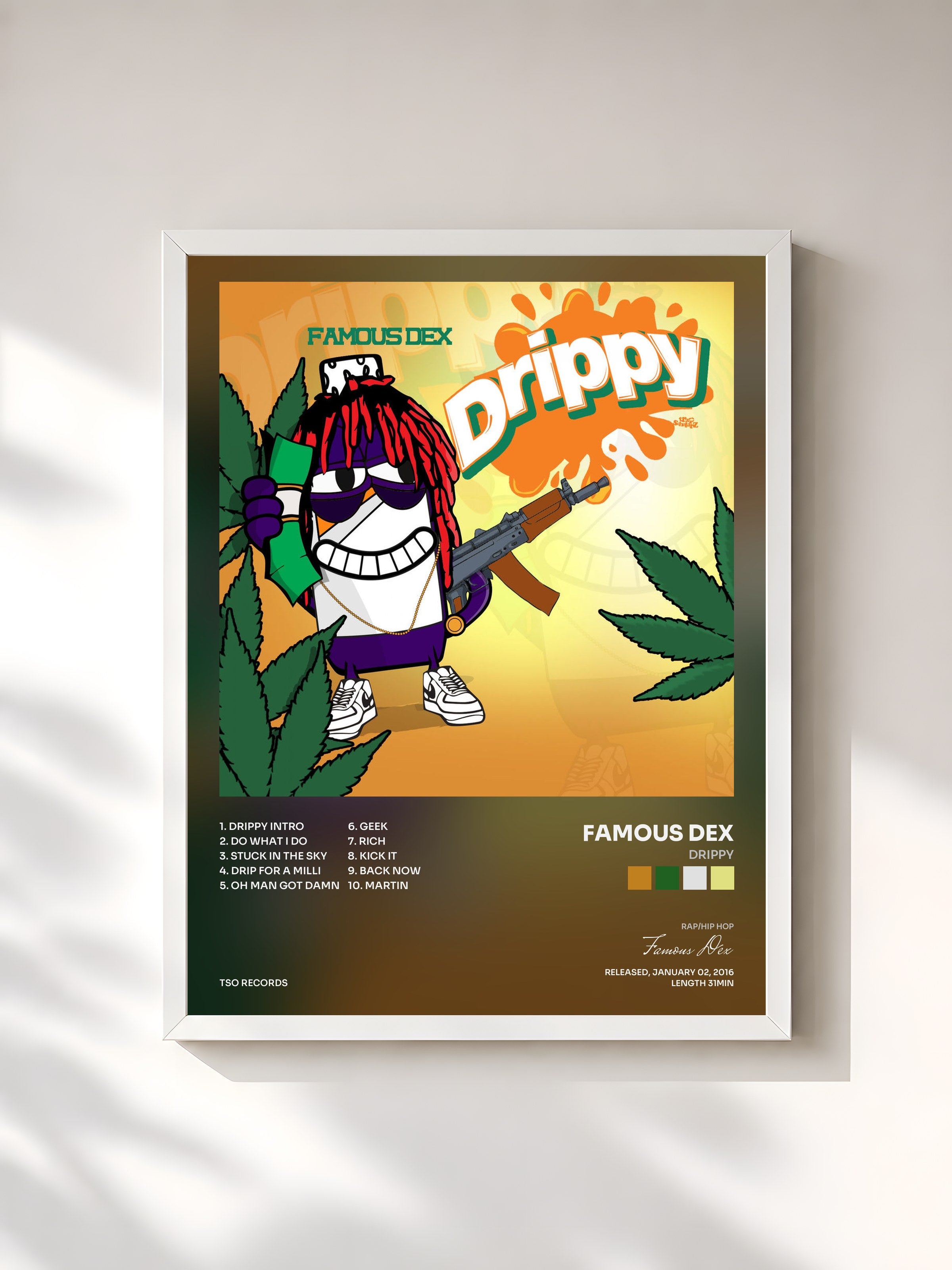 #blanc Tableau de l'album Drippy de Famous Dex, cadre blanc, imprimé et encadré en France