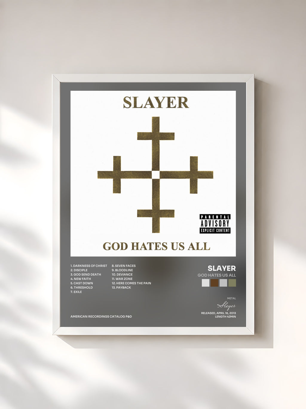 #blanc Tableau de l'album God Hates Us All de Slayer, cadre blanc, imprimé et encadré en France