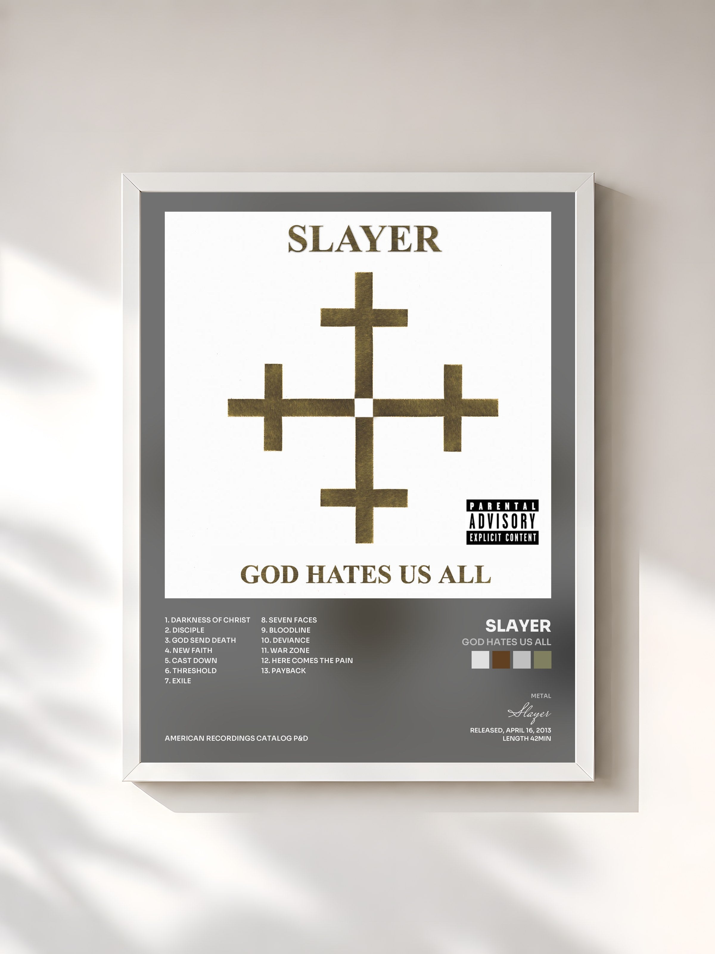 #blanc Tableau de l'album God Hates Us All de Slayer, cadre blanc, imprimé et encadré en France