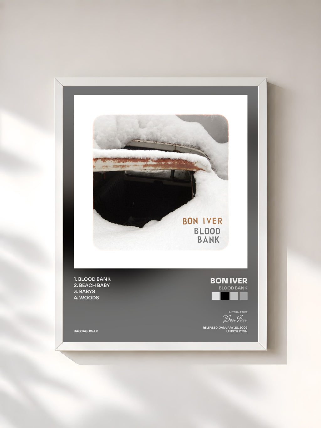 #blanc Tableau de l'album Blood Bank de Bon Iver, cadre blanc, imprimé et encadré en France