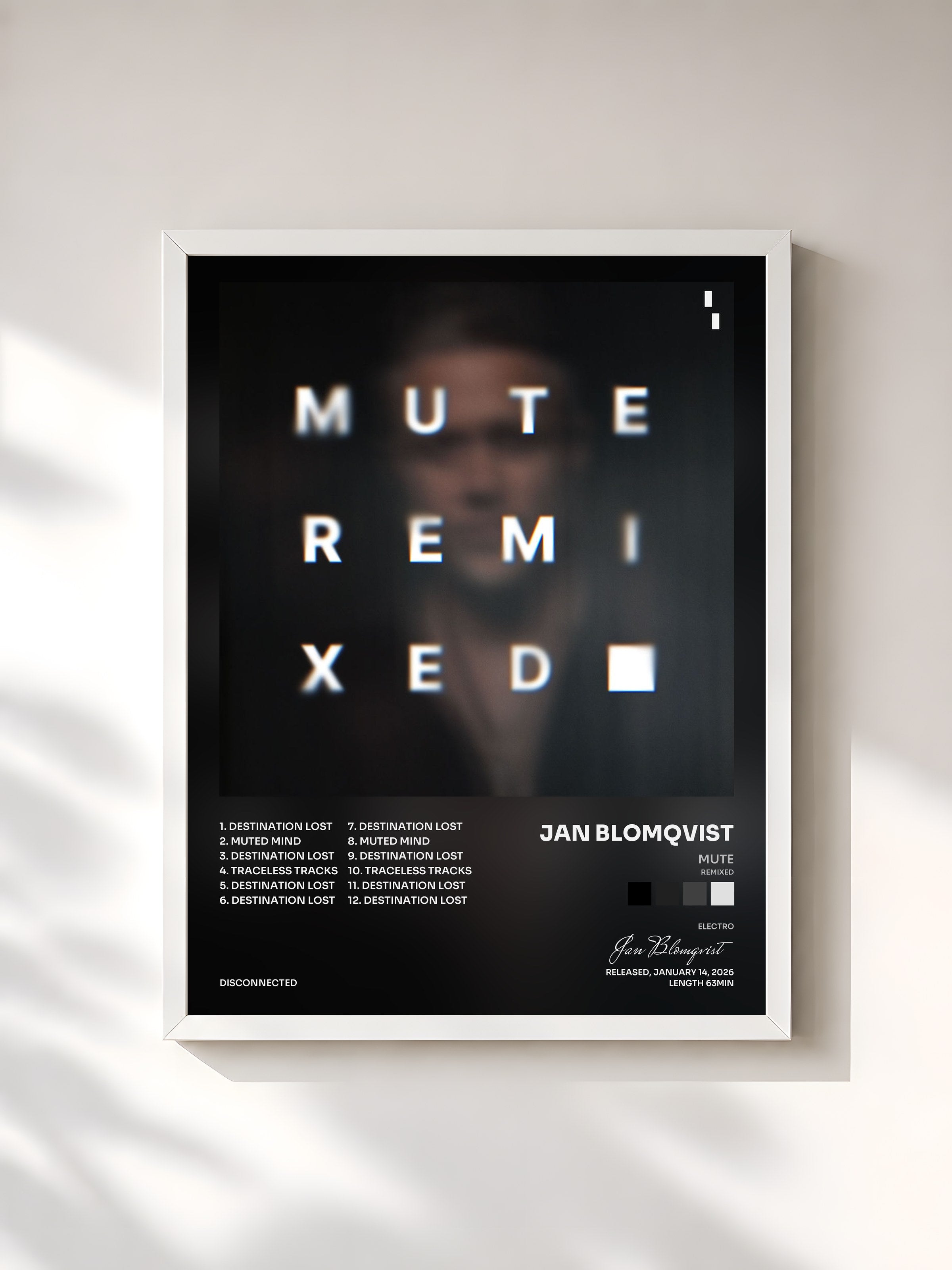 #blanc Tableau de l'album MUTE (Remixed) de Jan Blomqvist, cadre blanc, imprimé et encadré en France