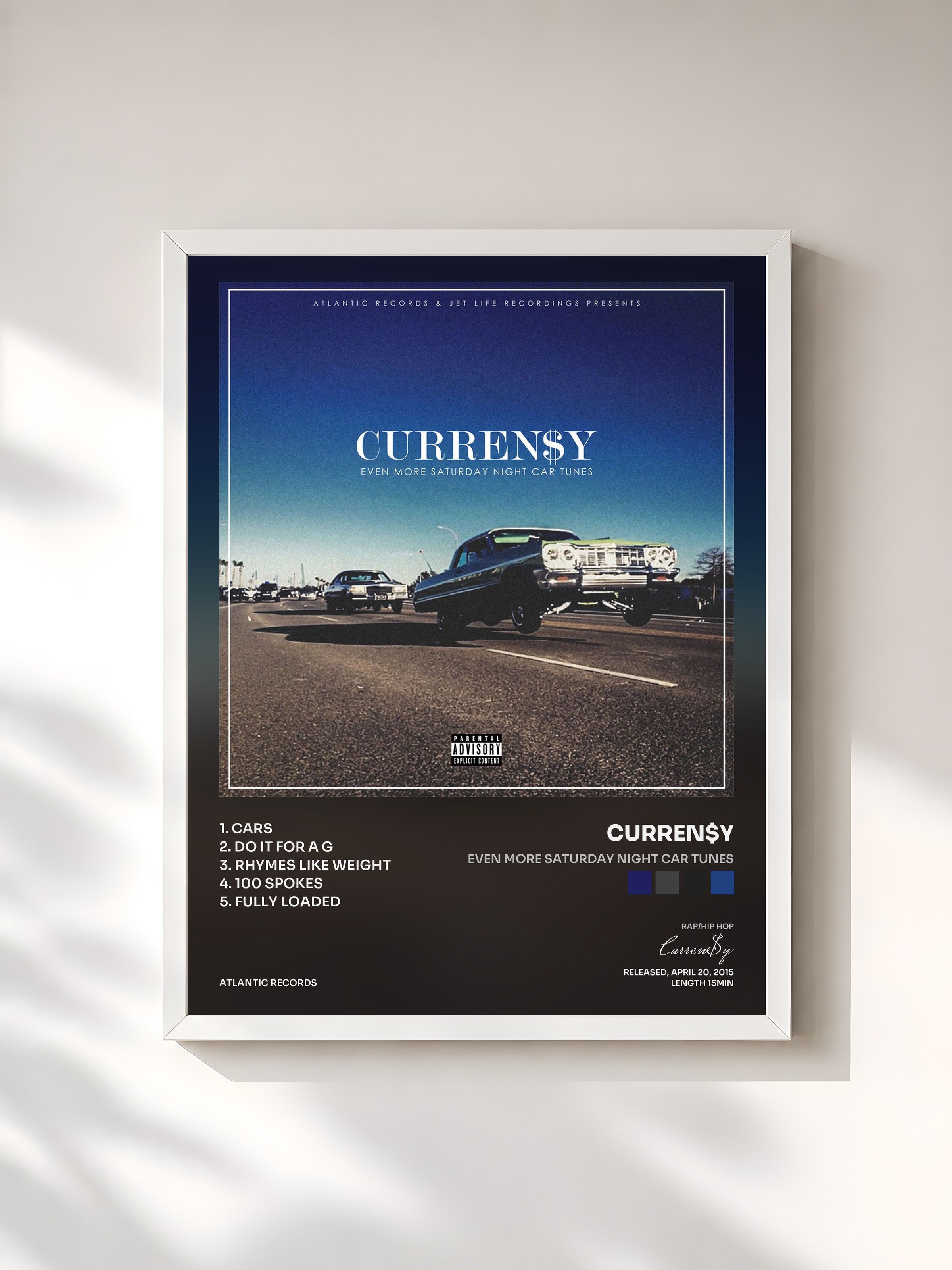 #blanc Tableau de l'album Even More Saturday Night Car Tunes de Curren$y, cadre blanc, imprimé et encadré en France